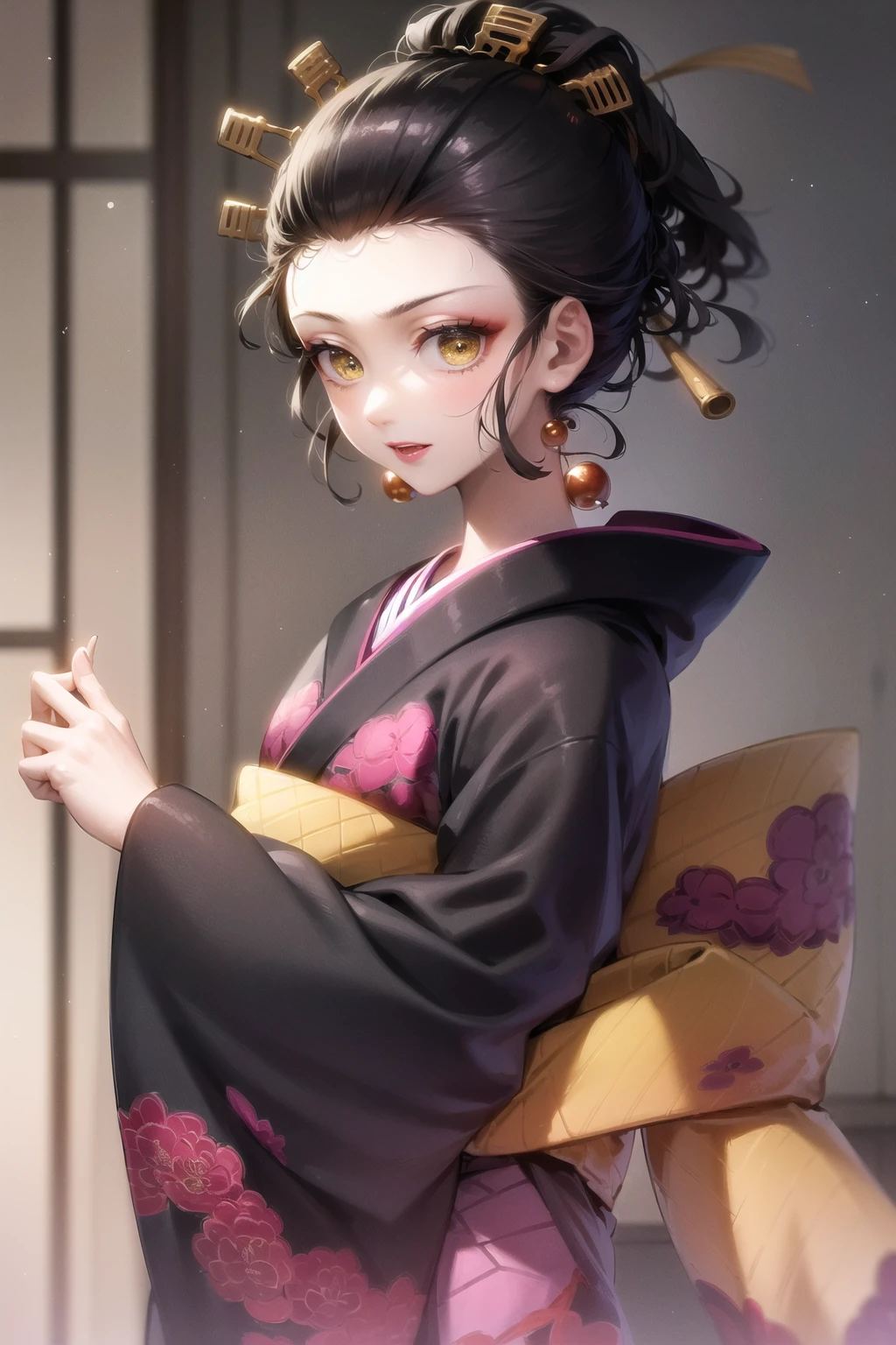 masterpiece, best quality, DakiV4, 1girl, solo, short hair, black hair, yellow eyes, hair ornament, japanese clothes, kimono, makeup, lipstick, <lora:DakiV4-10:&>