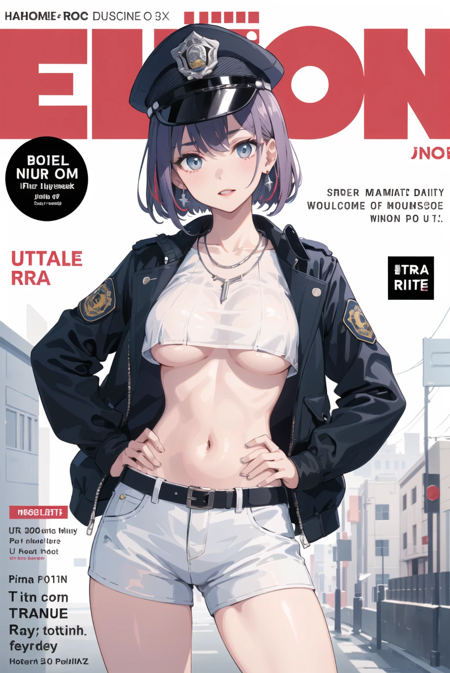 ((((best quality))), (((ultra detailed))), (((masterpiece))), illustration,(Magazine cover-style illustration of a fashionable woman in a vibrant outfit), posing in front of a colorful and dynamic background. She has a confident expression and is holding a statement accessory, The text on the cover should be bold and attention-grabbing, with the title of the magazine and a catchy headline. The overall style should be modern and trendy, with a focus on fashion and lifestyle),
wall paper,crowds,fashion,Lipstick,ray tracing,depth of field, street,in public,day
1girl,solo,looking at viewer, glossy skin, contrapposto, navel, midriff, necklace, female focus,model,medium breasts, ,street,in public,police hat, police uniform, handcuffs,short shorts, hand on hip,(jitome:1.3),
cool, see-through, school uniform,jitome,
, ,underboob,floating hair, sexy ,fine fabric emphasis,
