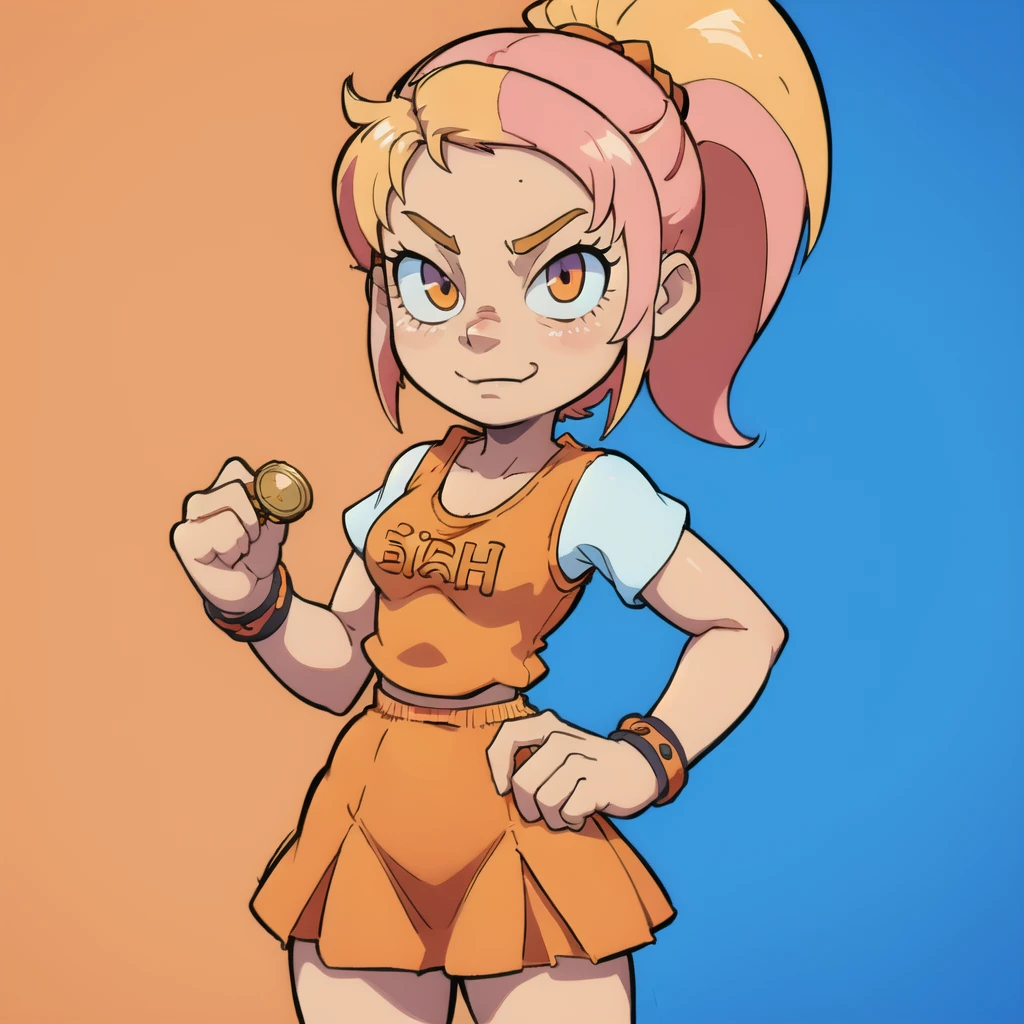 1girl, 80's anime style, holding a bitcoin and winking, flat chest, coin, orange neck ribbon, polo shirt with orange vest, orange skirt, GameGirl blonde ponytail with pink streak highlights, <lora:GameGirl:0.4>
