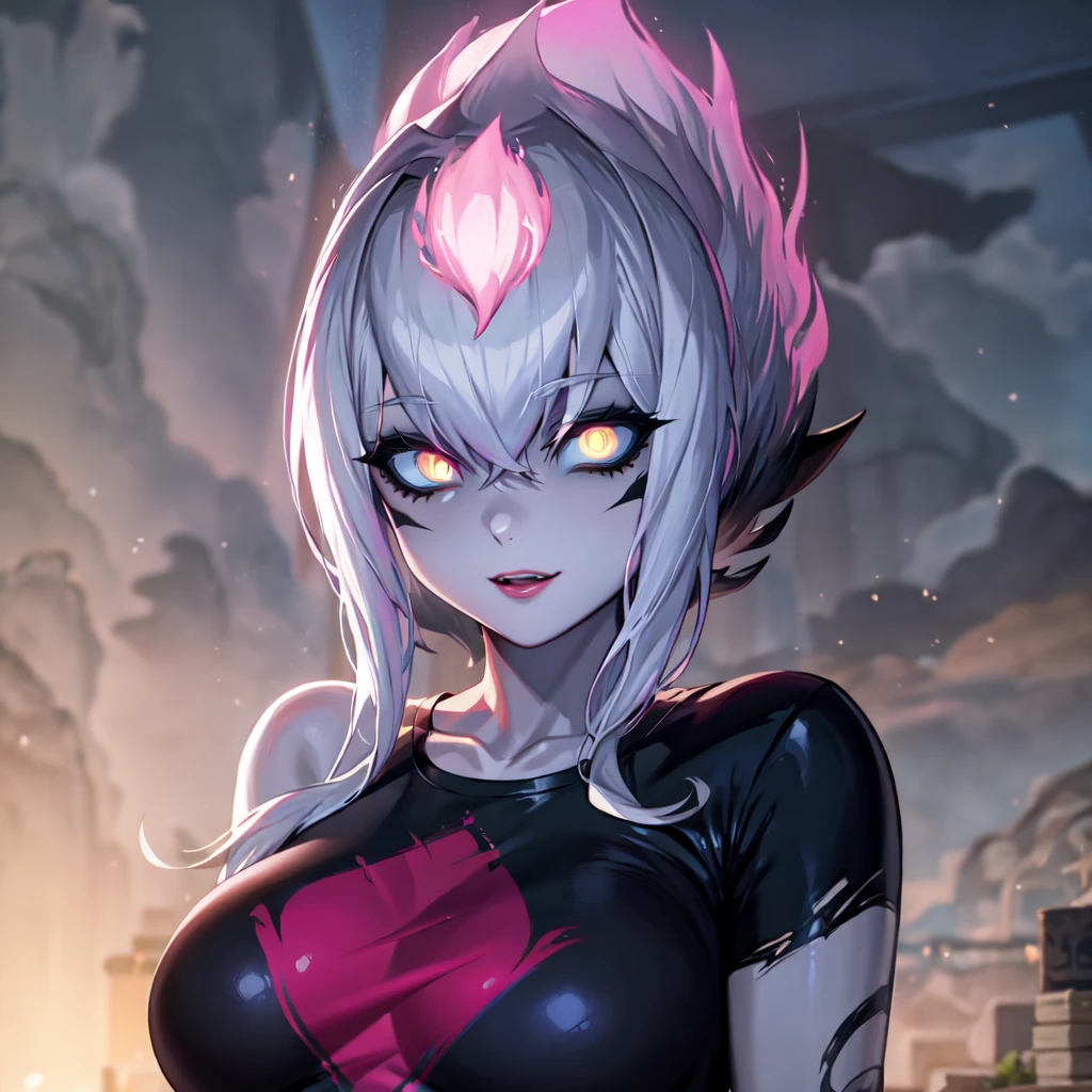 best quality, masterpiece, extremely detailed, anime, [Evelynn_Default], slit_pupils, glowing_eyes, black_sclera, white_hair, ((T-shirt)), (half-body)

 <lora:Evelyn_Default-11:0.7>