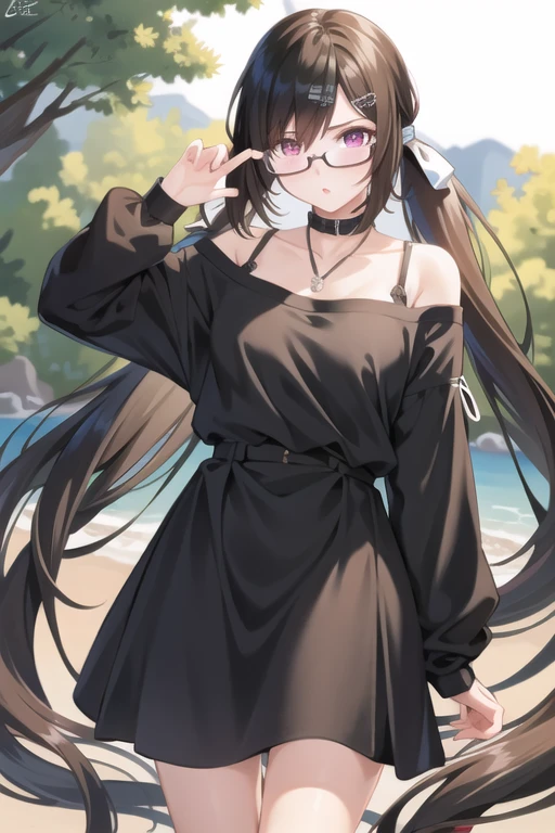 masterpiece, best quality,1girl, (solo:1.3),standing,
MorikawaAyako,long hair,black hair,red eyes,two sided ponytail,hair over eyes,(black glasses),