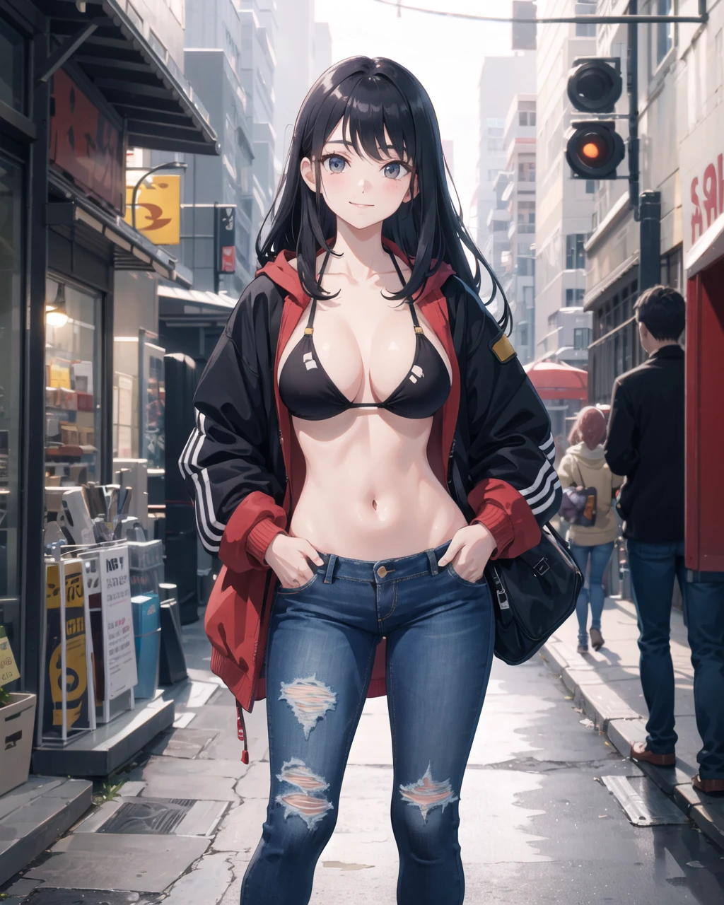 large breasts,1girl, long_hair, hoodie,black bikini,(standing),light smile, closed mouth, outdoors,navel, hand in pocket, street,torn jeans,