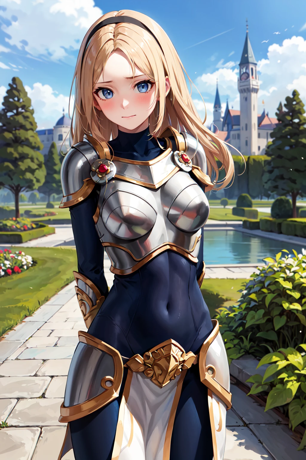 masterpiece, best quality, highres, lux1, long hair, 1girl, solo, armor, breastplate, bodysuit, gloves, white gloves, boobplate, <lora:lux_v1:0.5>, arm behind back, outdoors, castle, garden, embarrassed, looking at viewer,