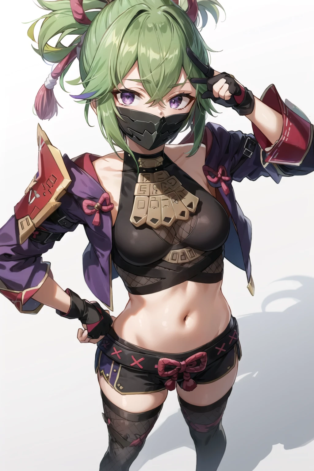 masterpiece, best quality, KShinobuV4, 1girl, solo, breasts, looking at viewer, simple background, thighhighs, gloves, white background, navel, hair between eyes, standing, jacket, full body, shorts, midriff, stomach, armor, crop top, hand on hip, short shorts, mask, black shorts, fishnets, rope, cropped jacket, mouth mask, purple jacket, fishnet top, ninja mask, <lora:KShinobuV4-09:1>