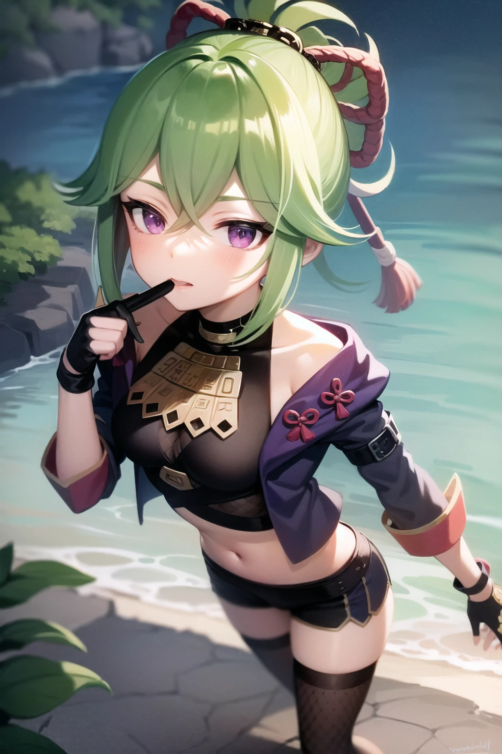 masterpiece, best quality, KShinobuV4, 1girl, solo, breasts, looking at viewer, thighhighs, gloves, navel, hair between eyes, standing, outdoors, standing on stone, sea, water, night, jacket, cowboy shot, ((from above:1.3)), shorts, midriff, stomach, armor, crop top, hand on hip, short shorts, mask, black shorts, fishnets, rope, cropped jacket, mouth mask, purple jacket, fishnet top, ninja mask, <lora:KShinobuV4-09:1>