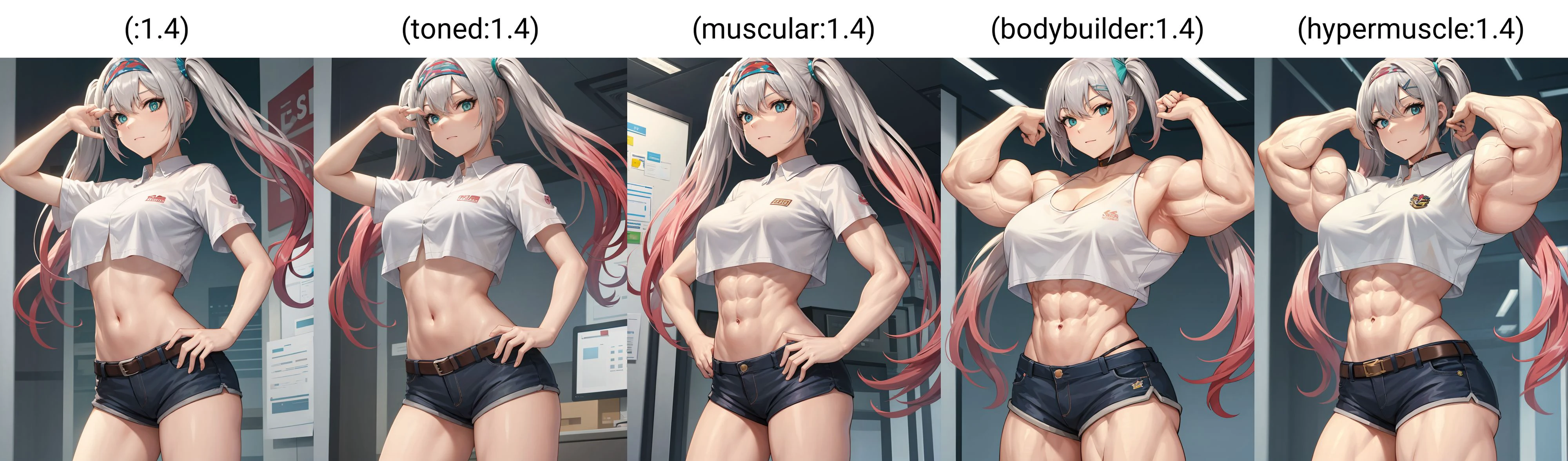 (extremely detailed CG unity 8k wallpaper),(masterpiece), (best quality), (ultra-detailed), (best illustration),(best shadow), cowboy shot, (office:1.4)
BREAK
white crop top, short shorts, short sleeves, twintails, arms at side, (:1.4),
<lora:Muscle:1> <lora:LWMMG:.8>