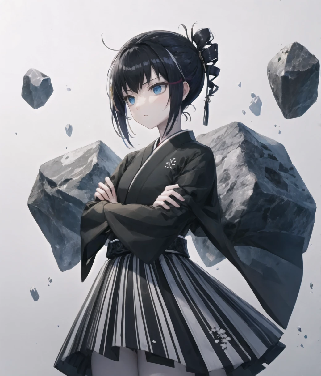 masterpiece, best quality, ancient destroyer oni, abyssal ship, shinkaisei kan, cowboy shot, (arms crossed, crossed arms:1.3),  dynamic pose, 1girl, pale skin, white skin, blue eyes, black hair, drill hair+side ponytail, black hakama, hakama skirt, kimono, striped skirt, black gloves, wide sleeves, black thigh boots, flying rocks, stones, dust, intricate details, amazing fine details, splendid illustration