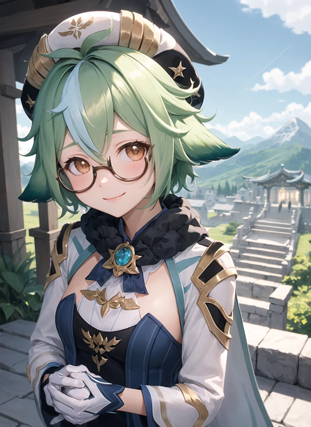 <lora:sucrose1-000009:1>, sucrosedef, upper body, smile, blush, outdoors, day, simple background, blue sky, short hair, sky, temple, looking at viewer, stairs, mountain, moody lighting,