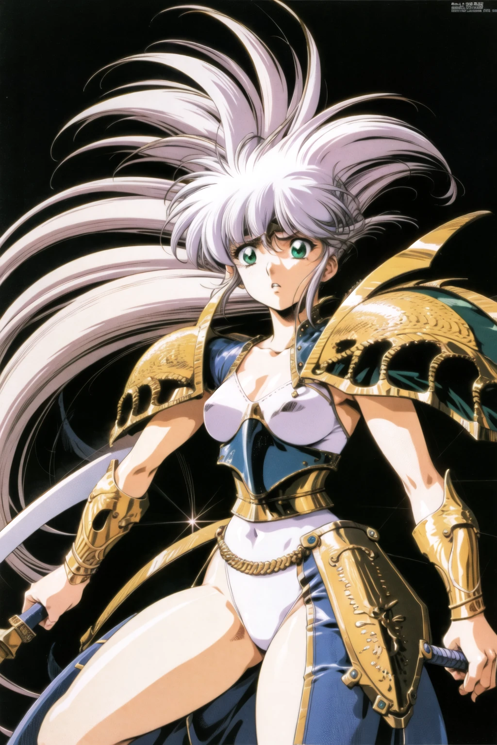 urushihara satoshi, 1990s \(style\), 1girl, armor, floating hair, green eyes, holding, holding weapon, long hair, looking at viewer, parted lips, retro artstyle, shiny, shiny hair, shoulder armor, silver hair, sword, weapon <lora:Uruv1:0.6>