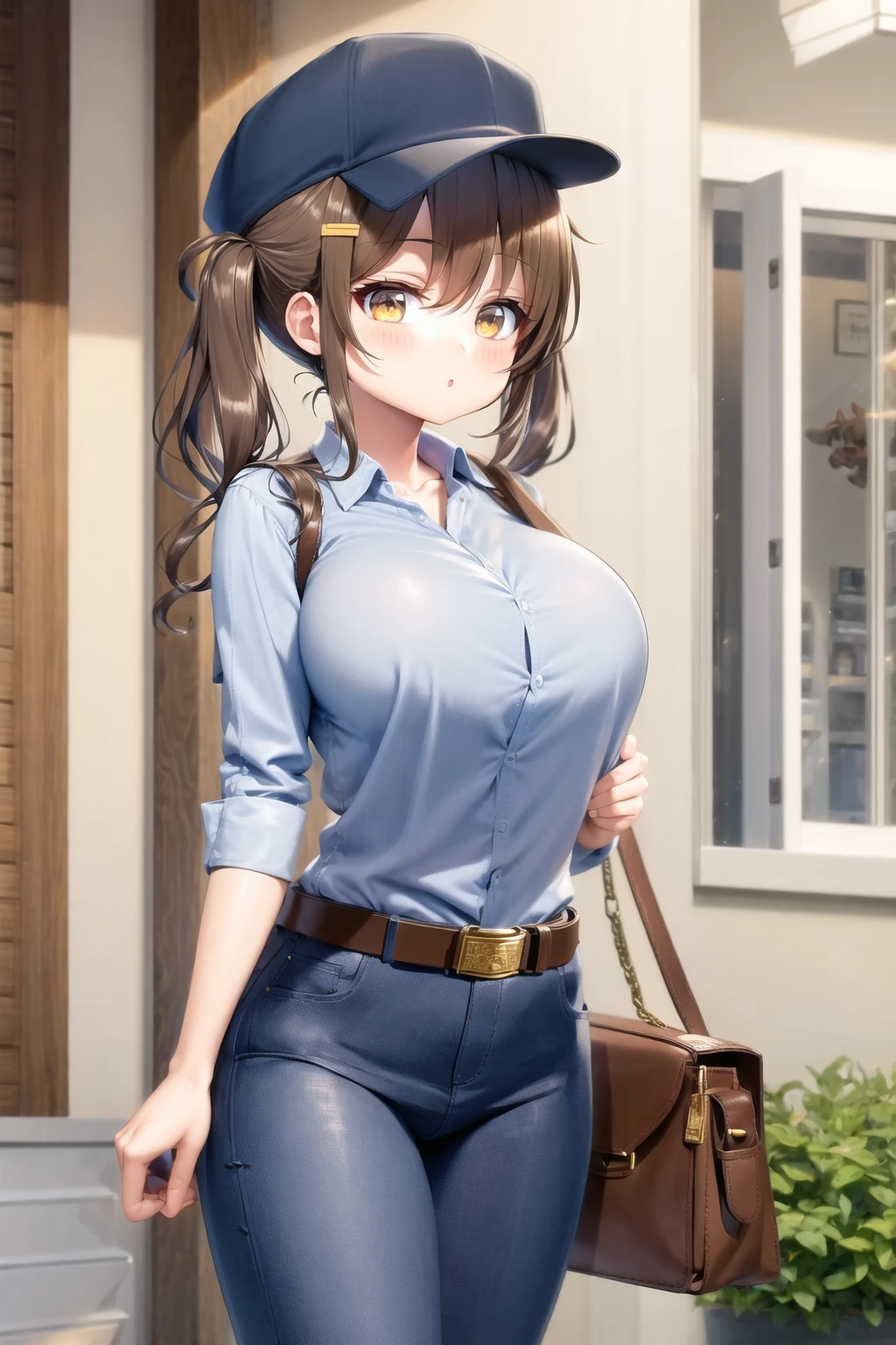 brown hair, twintails, letter, envelope, large breasts, blue collared shirt, jeans, belt, patio, box, package, hat, messenger bag, mailman, <lora:Mgear-10:0.6>, <lora:mailman-10:0.6>,