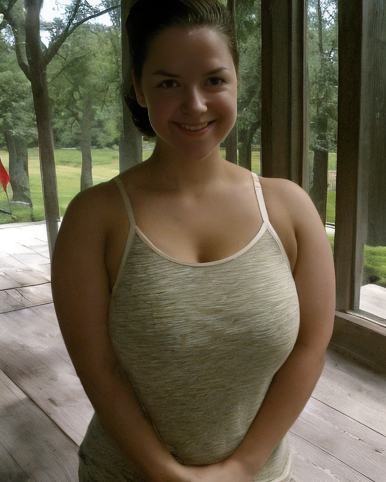(brynn woman) wearing a tight tank top and leggings in front of the salt lake city temple <lora:brynn_v04:0.8>, ((masterpiece)) (professional photography), best quality, high quality, high-definition, extremely detailed, High detail RAW color photo professional, textured skin, goosebumps, bright eyes