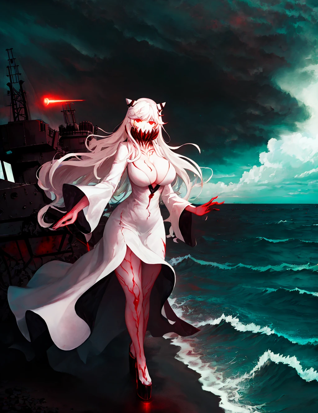 best quality, intricate novel art, amazing fine details, poster art, midway princess, abyssal ship, shinkaisei-kan, (enemy_aircraft:1.3), 1girl, looking ahead, pale skin, glowing eyes, red eyes, very long hair, white hair, horns, (breasts, large breasts, cleavage:1.3), (covered mouth), (veins, glowing veins:1), long dress, wind lift, white dress, wide sleeves, legs, thighs, (walkway, catwalk, platform, dark skies, storm clouds, ocean, water, finely detailed background, amazing background)