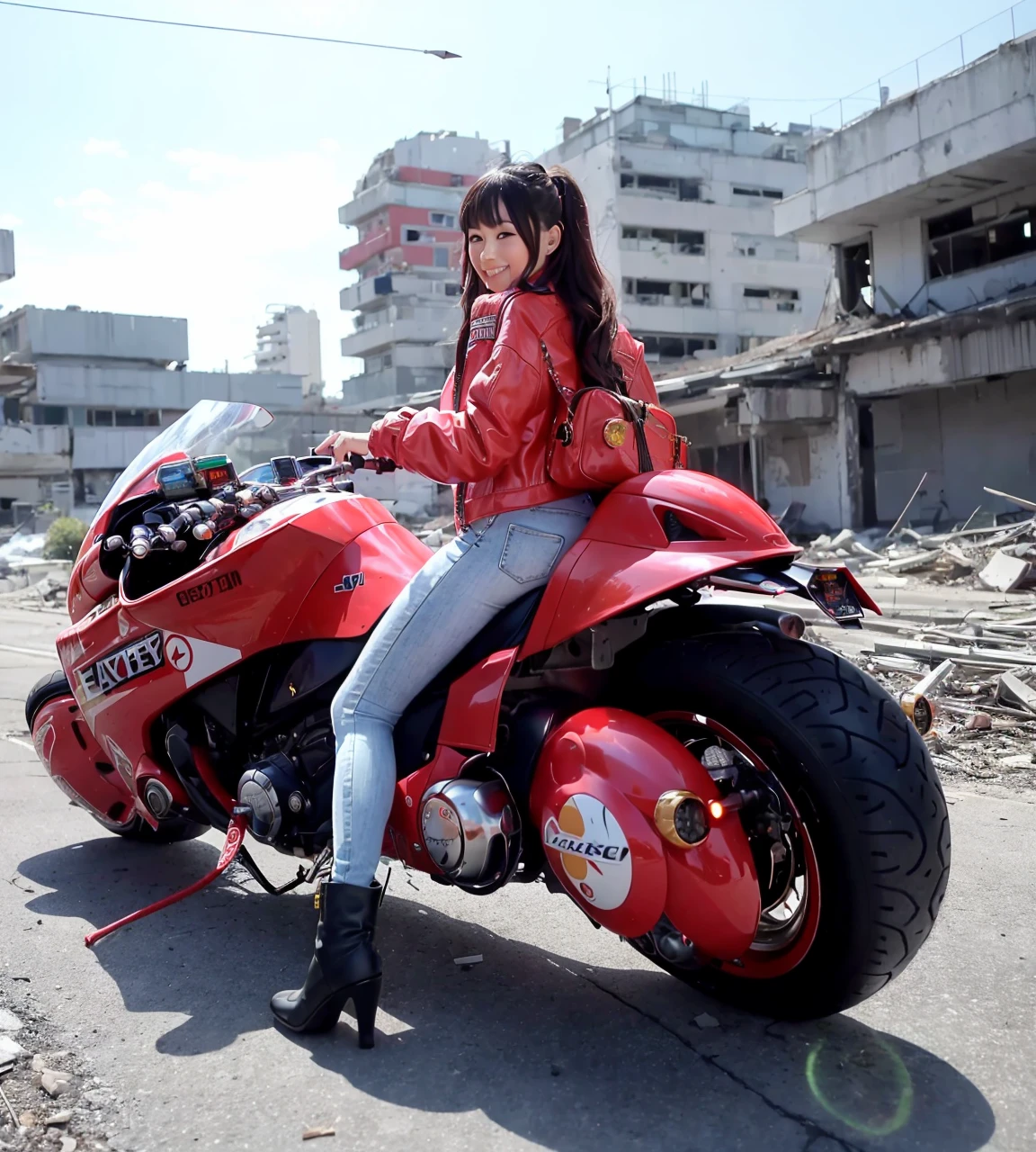 closed - up, upper body, masterpiece, best quality, a pretty woman, beautiful face, wearing white jacket and jeans, (riding a red akirabike In the ruins of a cyberpunk city after a thermonuclear war, Broken neon signs hanging from buildings), (black long wavy), (round scifi metal breastplate shining coldly), long legs, (big warm grin), Lots of exposed broken cables <lora:akirabikev0.2-000001:0.9>