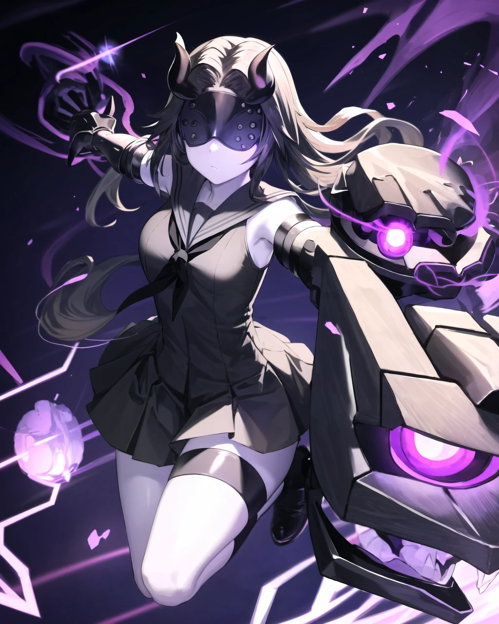 best quality, lcprincess, light cruiser princess, (outstretched arm, machinery, turret, powering up:1.3), 1girl, abyssal ship, solo, (white skin, colored skin, pale skin), long hair, black hair, (mask, covered eyes, horns, oni horns, blindfold), breasts, medium breasts, sleeveless, (black dress, serafuku, sailor dress, sailor uniform:1.3), (gauntlets:1.1), thigh strap, rocks, (black and purple theme:1.2), highly intricate, beautiful, 8k wallpaper, finely detailed background, amazing background