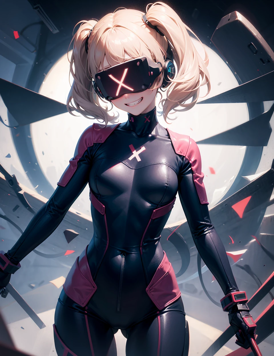 x mark head-mounted display, cowboy shot,black bodysuit, evil grin, masterpiece,1girl,cute