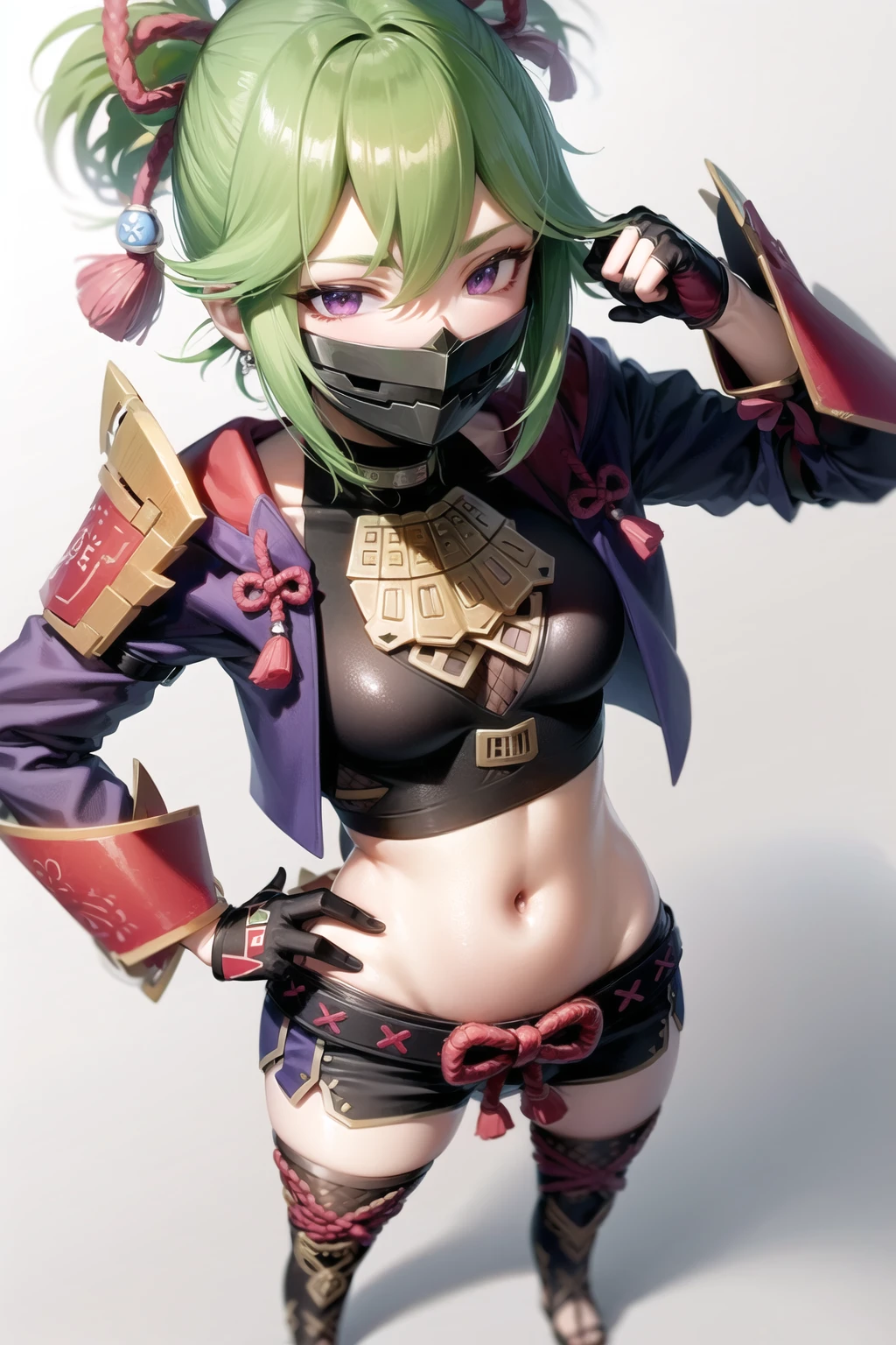 masterpiece, best quality, KShinobuV4, 1girl, solo, breasts, looking at viewer, simple background, thighhighs, gloves, white background, navel, hair between eyes, standing, jacket, full body, shorts, midriff, stomach, armor, crop top, hand on hip, short shorts, mask, black shorts, fishnets, rope, cropped jacket, mouth mask, purple jacket, fishnet top, ninja mask, <lora:KShinobuV4-09:1>