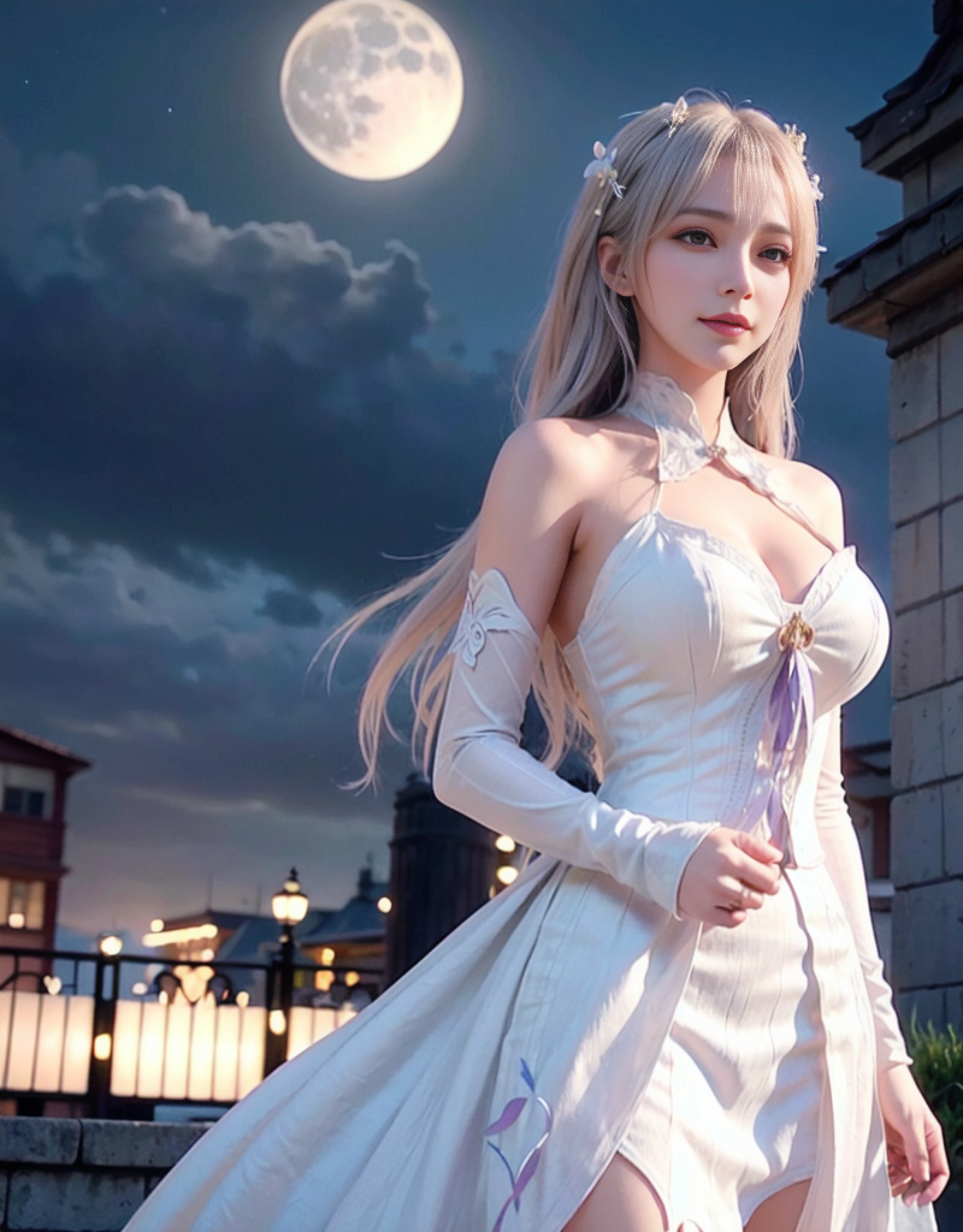 masterpiece, best quality, 1girl, (colorful),(finely detailed beautiful eyes and detailed face),cinematic lighting,bust shot,extremely detailed CG unity 8k wallpaper,white hair,solo,smile,intricate skirt,((flying petal)),(Flowery meadow) sky, cloudy_sky, building, moonlight, moon, night, dark theme, light, fantasy,  <lora:yunxi_V2:0.5> <lora:LinXiang_v1:0.5> <lora:no119Girl_no119Girl:0.3> <lora:epiNoiseoffset_v2:0.7>