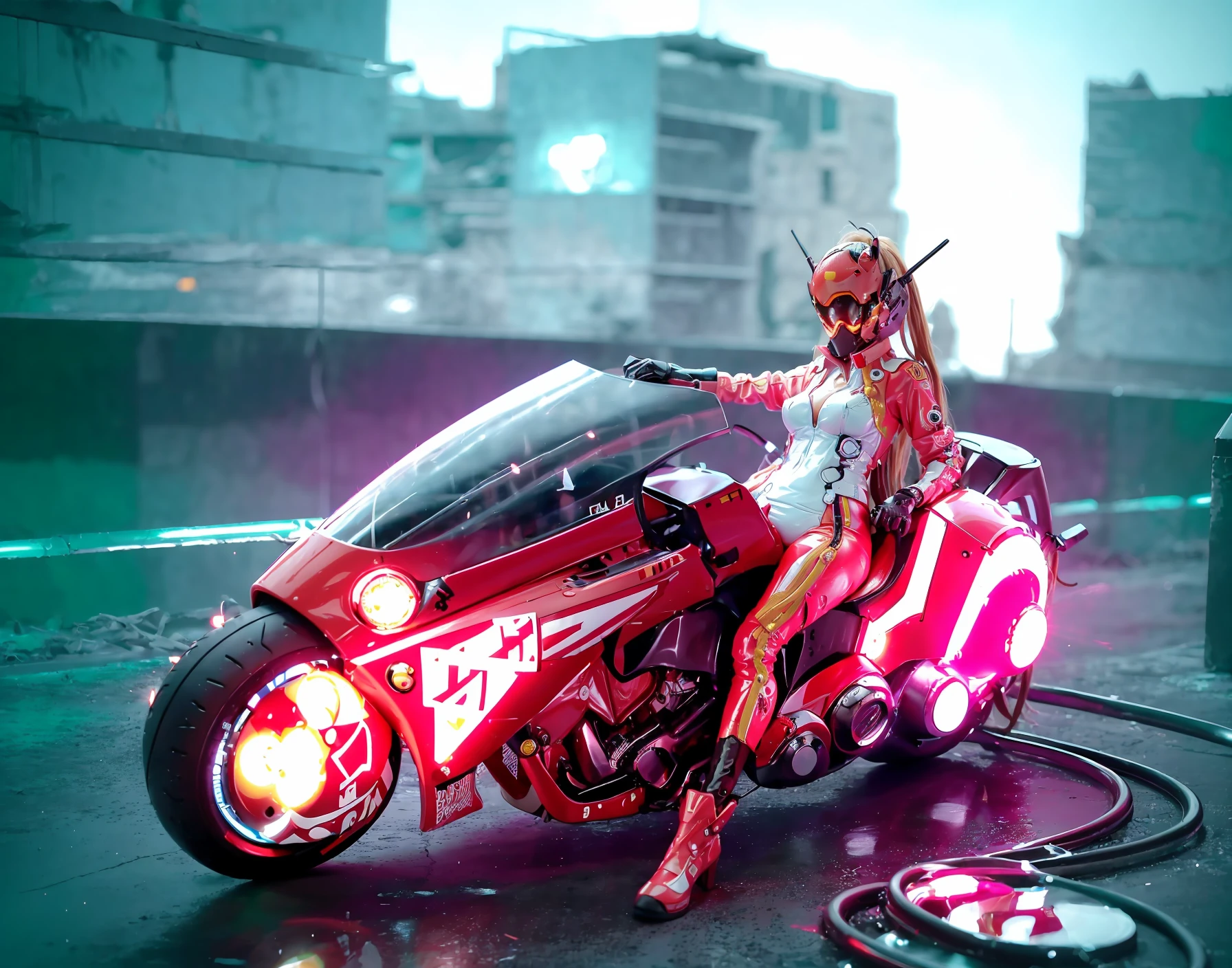 closed - up, masterpiece, best quality, a woman in a cyberhelmet with circular aperture light and a white rope, (slender, thin), wearing white bodysuit and jeans, (riding a red akirabike In the ruins of a cyberpunk city after a thermonuclear war, broken neon signs hanging from buildings, neon signs), (round scifi metal breastplate shining coldly), long legs, (big warm grin), front view, Lots of exposed broken cables, 1.5mm <lora:akirabikev0.2-000001:0.9> <lora:cyberhelmetv0.2:0.95>