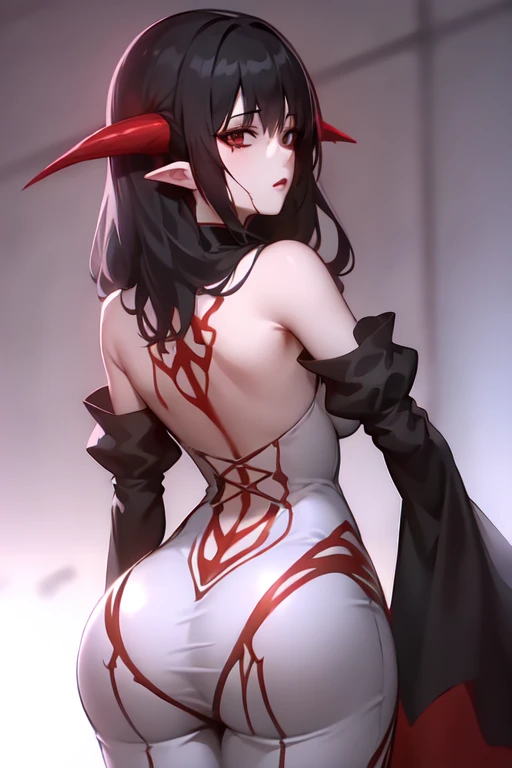((extreme detail)),(ultra-detailed), extremely detailed CG unity 8k wallpaper, best quality, from behind, looking back, bloodless, horns,<lora:Bloodless:0.6> <lora:highFashionStyle_v10:0.7>balenciagastyle, cowboy shot, white checkered pencil dress, <lora:hauteCouturePencil_v11:0.7>
