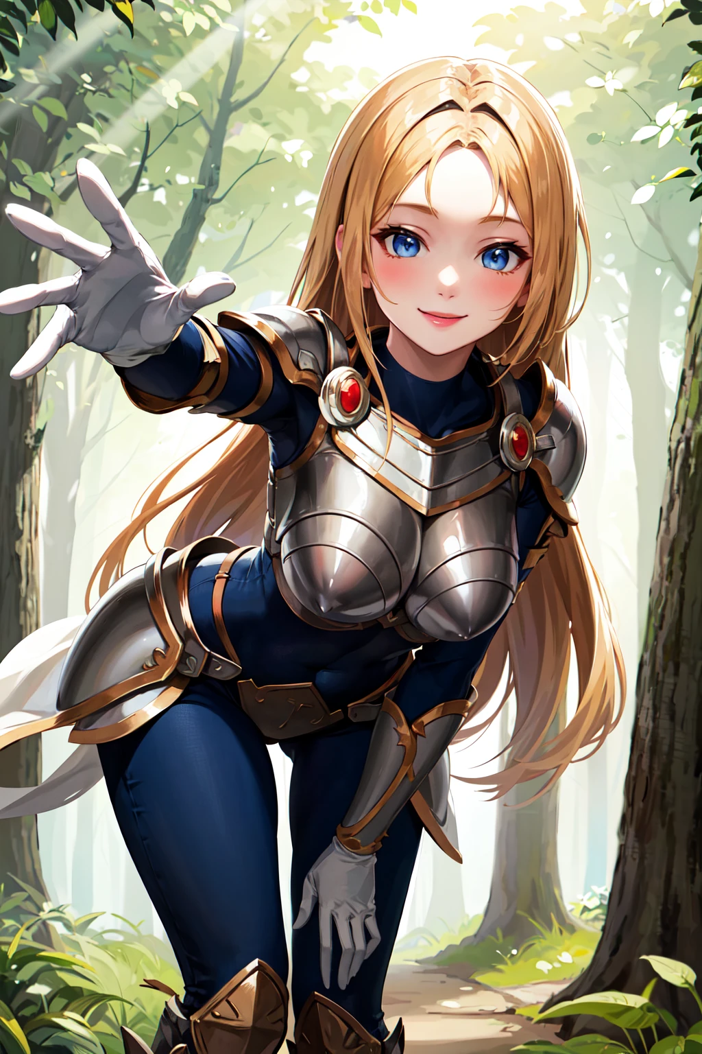 masterpiece, best quality, highres, lux1, long hair, 1girl, solo, armor, breastplate, bodysuit, white gloves, boobplate, <lora:lux_v1:0.5>,  smile, reaching out, forest, leaning forward,