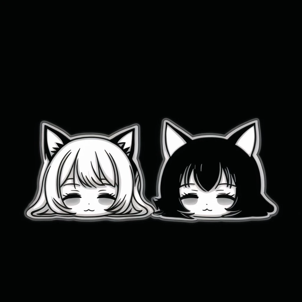 <lora:logoarchive:1>, logoarchive, black and white logo, 2girls, :<, animal ears, cat ears, chibi, comic, eyebrows, kemonomimi mode, monochrome, multiple girls, silent comic, sleeping on person, thick eyebrows