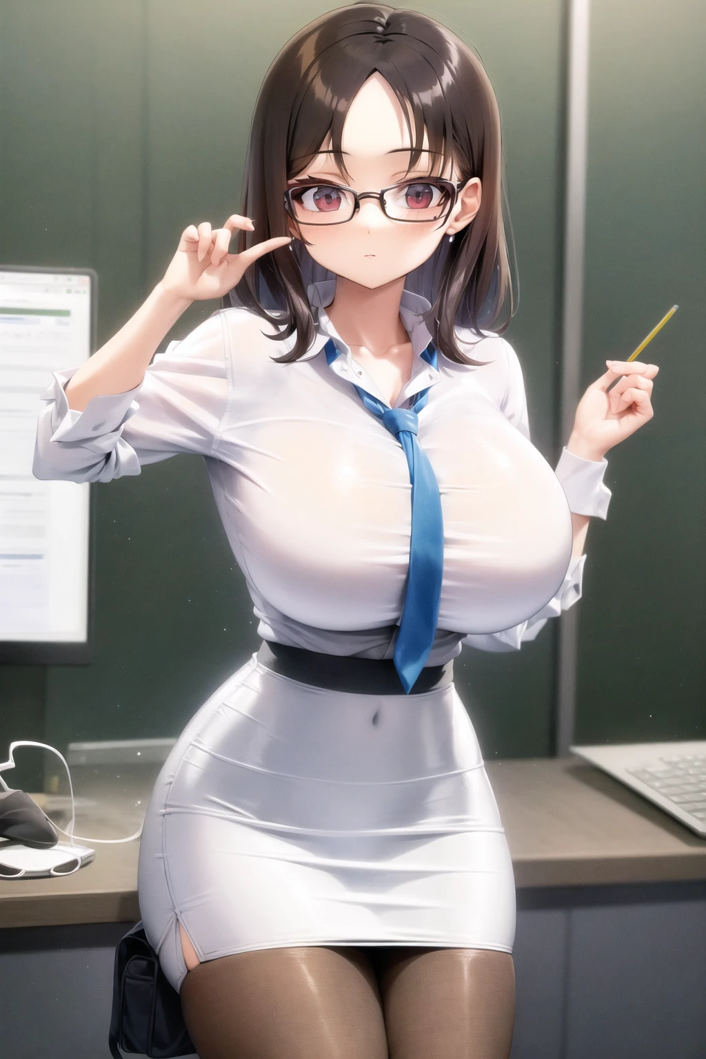 white shirt, office lady, office, glasses, mole, miniskirt, pencil skirt, looking at viewer, <lora:Mgear-10:0.6>