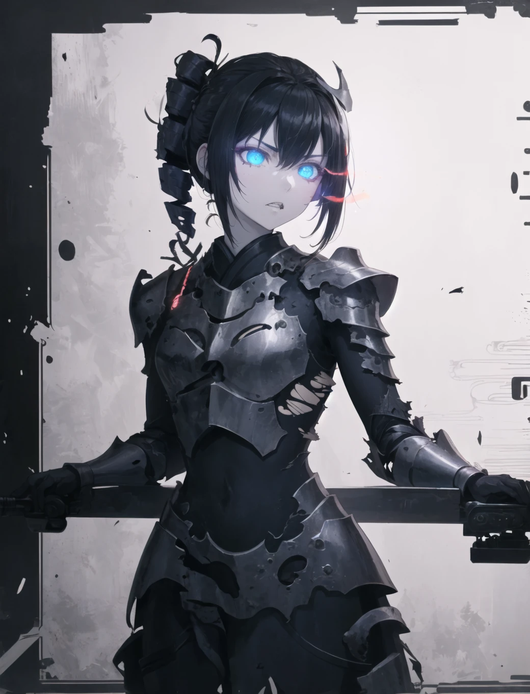 masterpiece, best quality, ancient destroyer oni, cowboy shot, (cannon, gun, teeth, turret, machinery:1.3), angry, 1girl, pale skin, white skin, blue eyes, black hair, drill hair+long hair+straight hair, (eldritch armor, torn clothes, veins, glowing lines:1.3),  intricate details, amazing fine details, splendid illustration