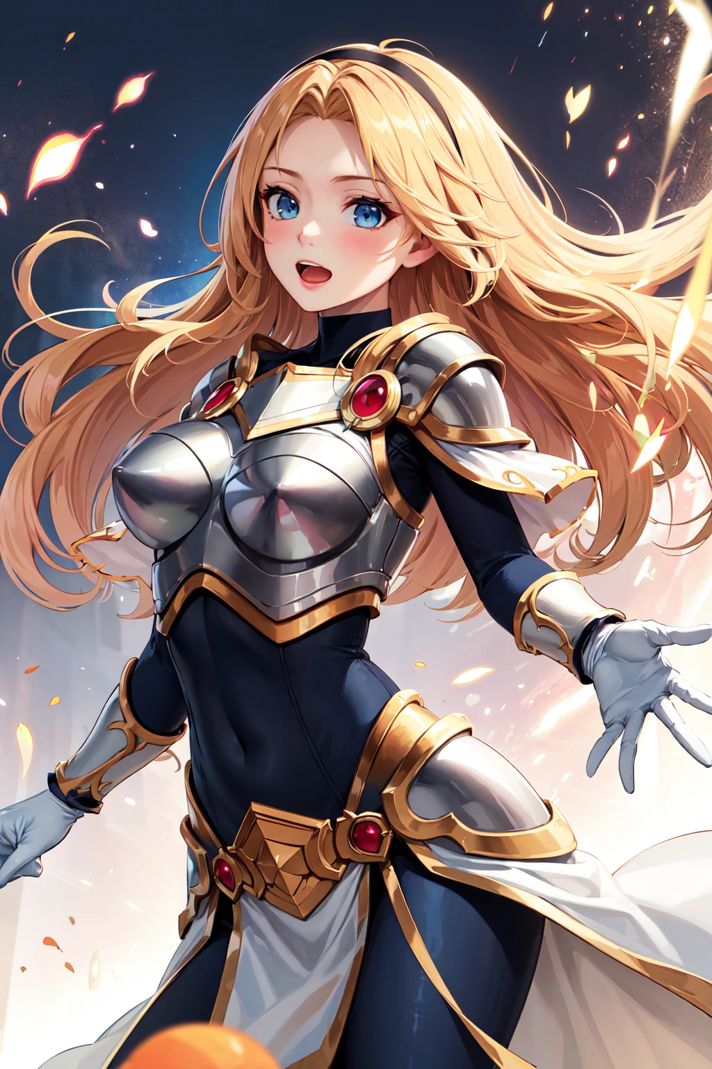 masterpiece, best quality, highres, lux1, long hair, 1girl, solo, armor, breastplate, bodysuit, gloves, white gloves, boobplate, <lora:lux_v1:0.5>, magic, spell, open mouth,