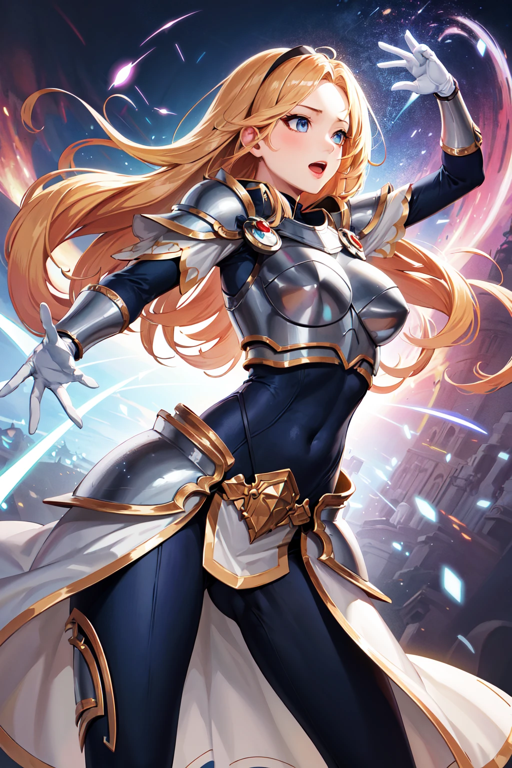 masterpiece, best quality, highres, lux1, long hair, 1girl, solo, armor, breastplate, bodysuit, gloves, white gloves, boobplate, <lora:lux_v1:0.5>, magic, spell, open mouth,