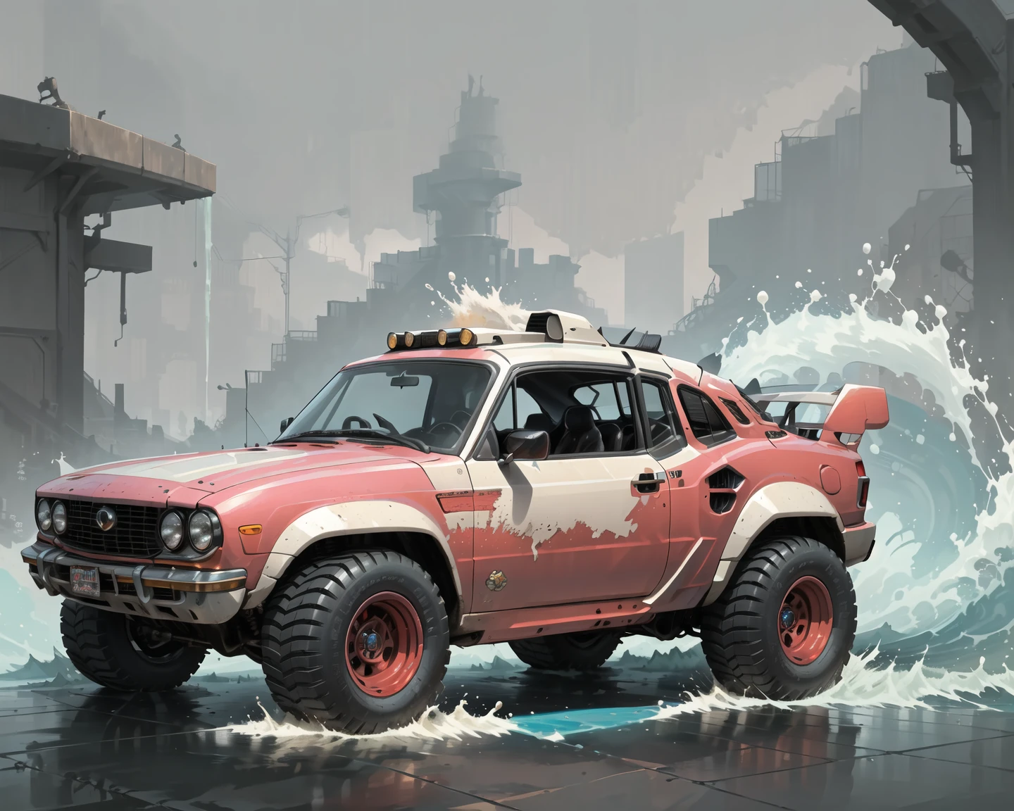 (masterpiece, best quality:1.1), ultra-detailed, (battlecar:1.1), vehicle focus, no humans, car, wheel, tire, debris, (vintage car:1.05), splash, water, clean, neon pink paintjob