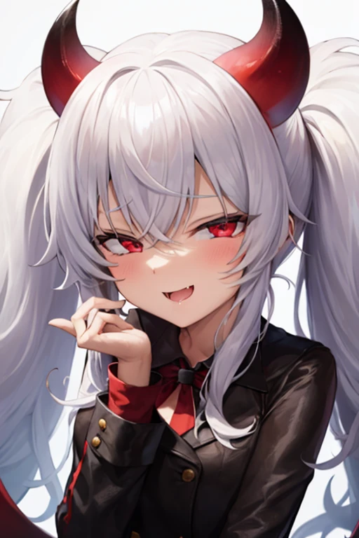 1girl,solo,grim aloe,demon horns, black_dress,standing,cowboy shot,  demon wings, albino,evil smile, naughty face, hand on hip, ojou-sama pose,  sadistic smile,deep shaded face(eyes in shadow),singlebraid,smile worst,worst ridecule,most evil moukery,,onebraid,,two hands,five fingers,dark aura background,A face full of evil,most evil ridicule,黒いセーラー服,oily skin,shiny skin,mesugaki,