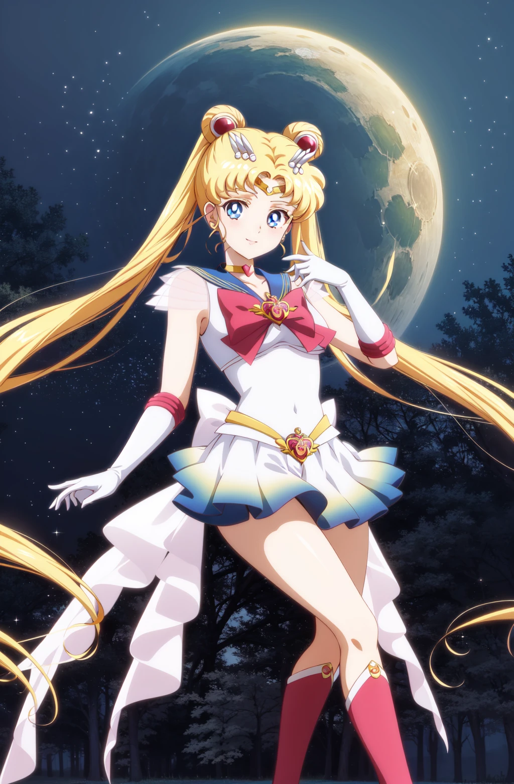 masterpiece, best quality, (1girl), supersailormoon, detailed face,  smile, nigh sky, moonlight, moon, sakura trees,  white gloves, detailed eyes, detailed face, fullbody, galazy background