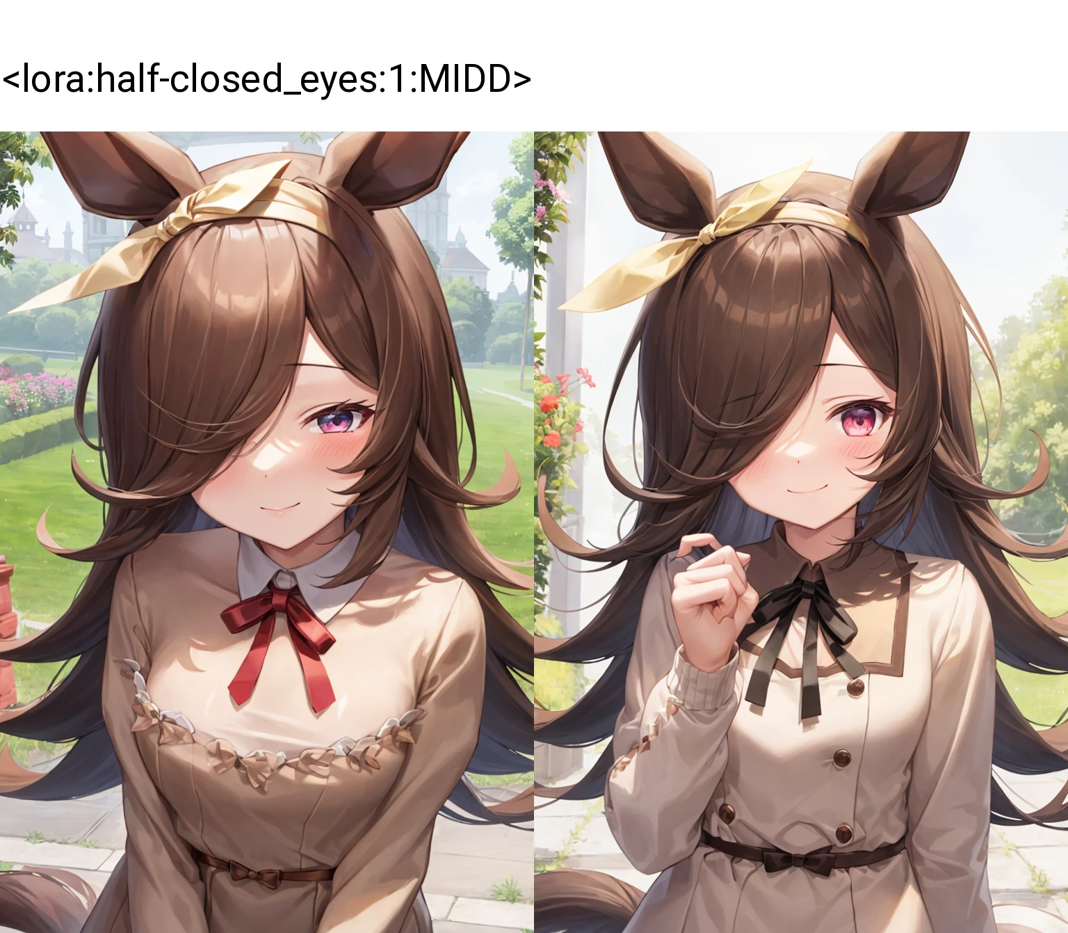 <lora:riceShowerUmamusume_loha:0.75:MIDD>1girl,rice shower \(umamusume\),upper_body, seductive smile, blush,half-closed eyes,<lora:half-closed_eyes:1:MIDD>, casual, hairband, hair ribbon, brown ribbon, long sleeves, collared dress, brown dress, frilled dress, frills, mary janes