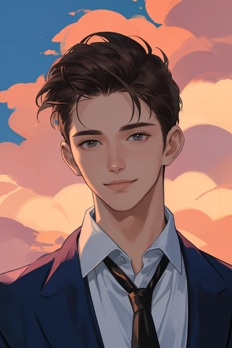 masterpiece, best quality, realistic, 1man, male focus, tall muscular, handsome, smile, closed mouth, suit, portrait, extremely detailed face, (pink sky)