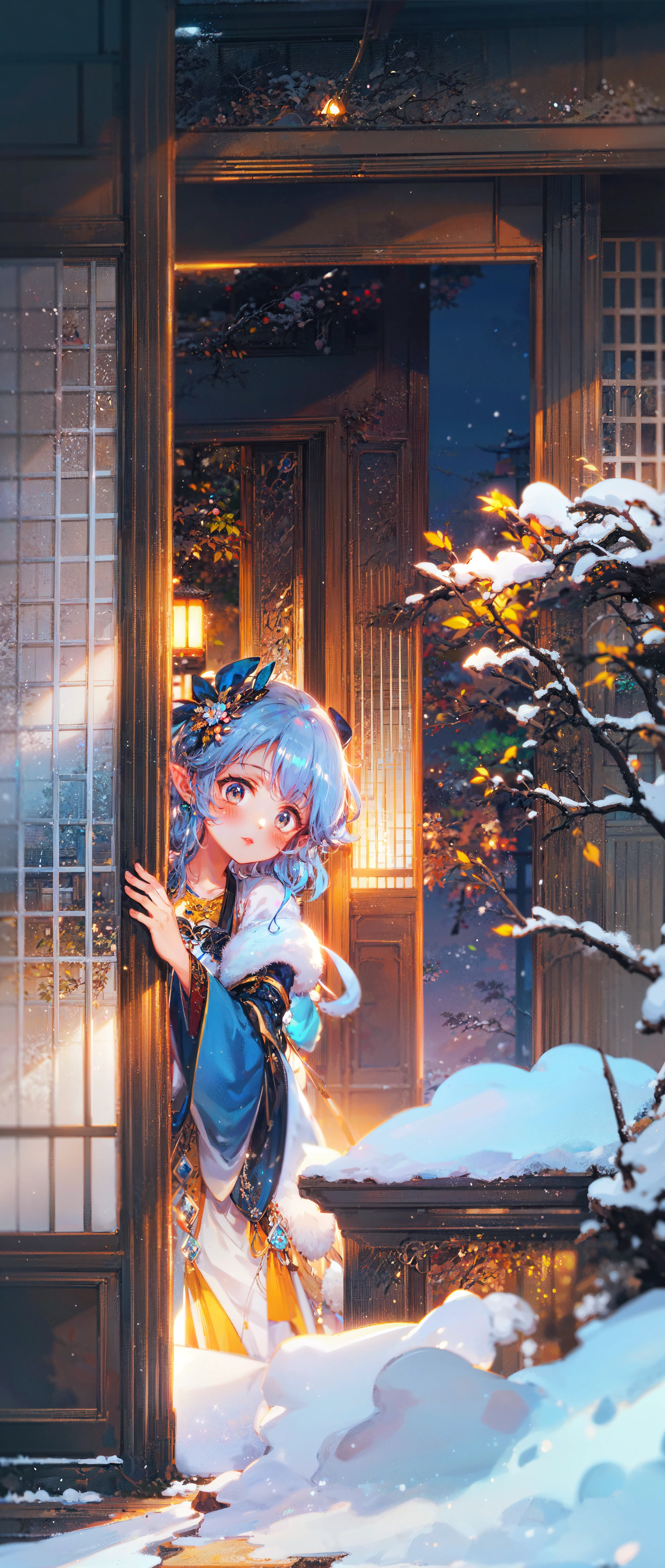 masterpiece, best quality, extremely detailed, detailed background, detailed face, 1girl, solo, [light blue hair|blue hair|white hair], [white eyes|blue eyes], pointy ears, blush, [straight hair|wavy hair], (messy hair, fluffy hair, long hair:1.1), scenery, atmospheric lighting, light rays, bokeh, depth of field, sparkle, red lips, child, hanfu, branch, flower, jewelry, crescent moon, light smile,  wide sleeves, glowing, snowing, tree, winter, table, outdoors, plant, sliding doors, east asian architecture, snow