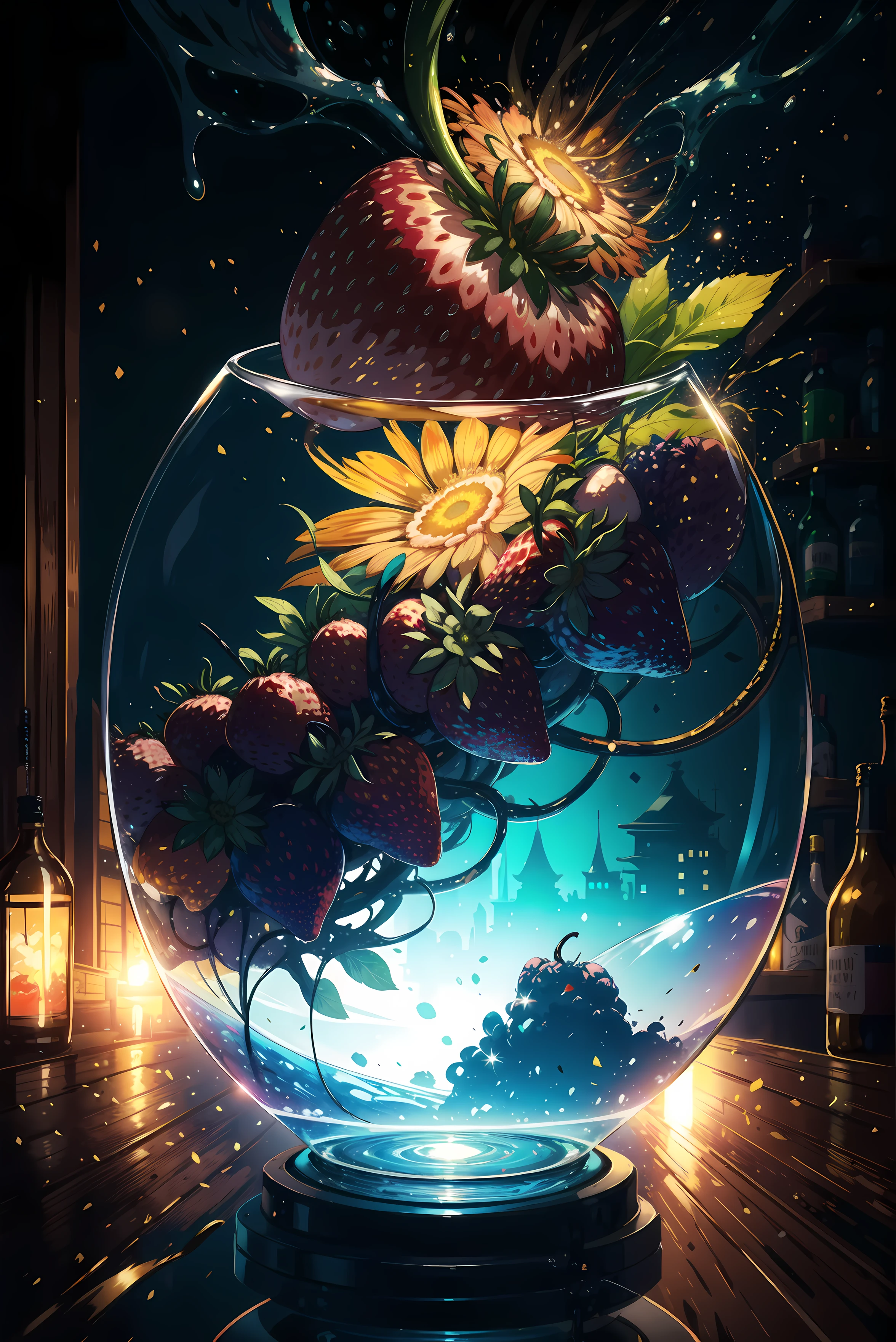 (Magical Photo:1.3) of (Realistic:1.3),(Energetic:1.3) product photography of a strawberries fall into a glass of milk, intricate, epic,(by Artist RHADS:1.3),Highly Detailed,(Provia:1.3)