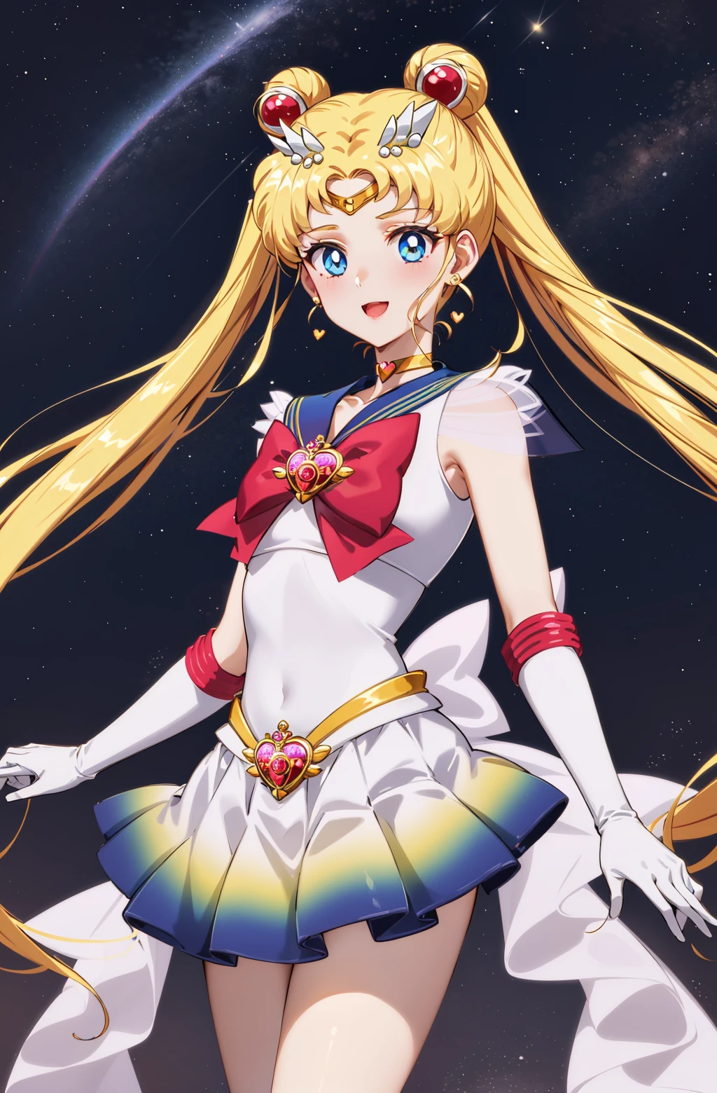 masterpiece, best quality, (1girl), supersailormoon, detailed face, happy,  face focus, cowboy shot, nigh sky, moonlight, moon, sakura trees, city at night,  white gloves, detailed eyes, detailed face,  galaxy background, detailed background, multicolored clothes, sailor senshi uniform, multicolored skirt, hair ornament, red bow, brooch, heart brooch, earrings, crescent, heart choker, heart, miniskirt, very long hair, back bow, crescent earrings, tiara, yellow choker, boots, knee boots, red footwear