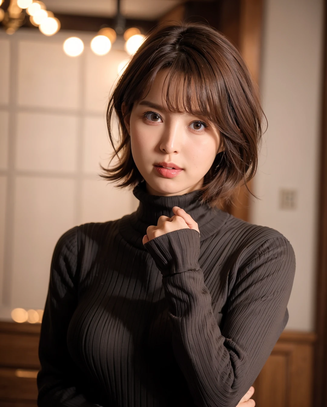 best quality, lifelike, 8k, high resolution, 1 girl, Miss, (Dentate skin), (portrait:0.6), ((cityscape background:1.52)), full color, ((Small round breasts, turtleneck sweater:1.5)), looking directly at the viewer:1.8, (1 girl eyes looking at viewer:1.45, medium length hair, black hair, pad bangs:1.45), (Bokeh),