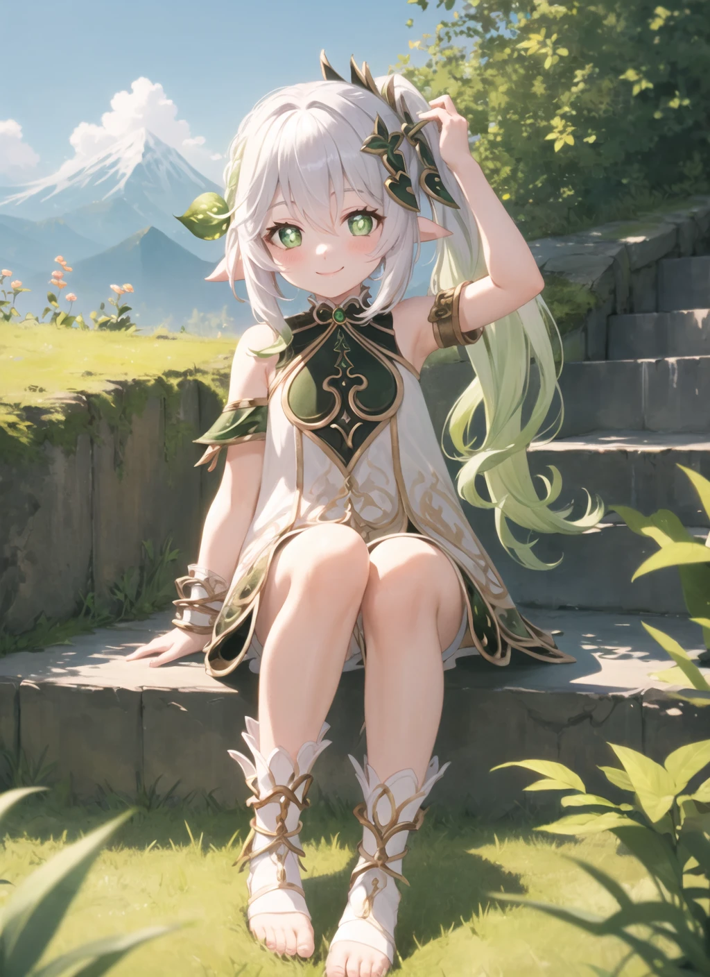 <lora:nahida1-000010:1>, nahidadef, full body, sitting, smile, blush, outdoors, day, simple background, arm up, basket, blue sky, short hair, sky, temple, looking at viewer, sitting on stairs, mountain, moody lighting,