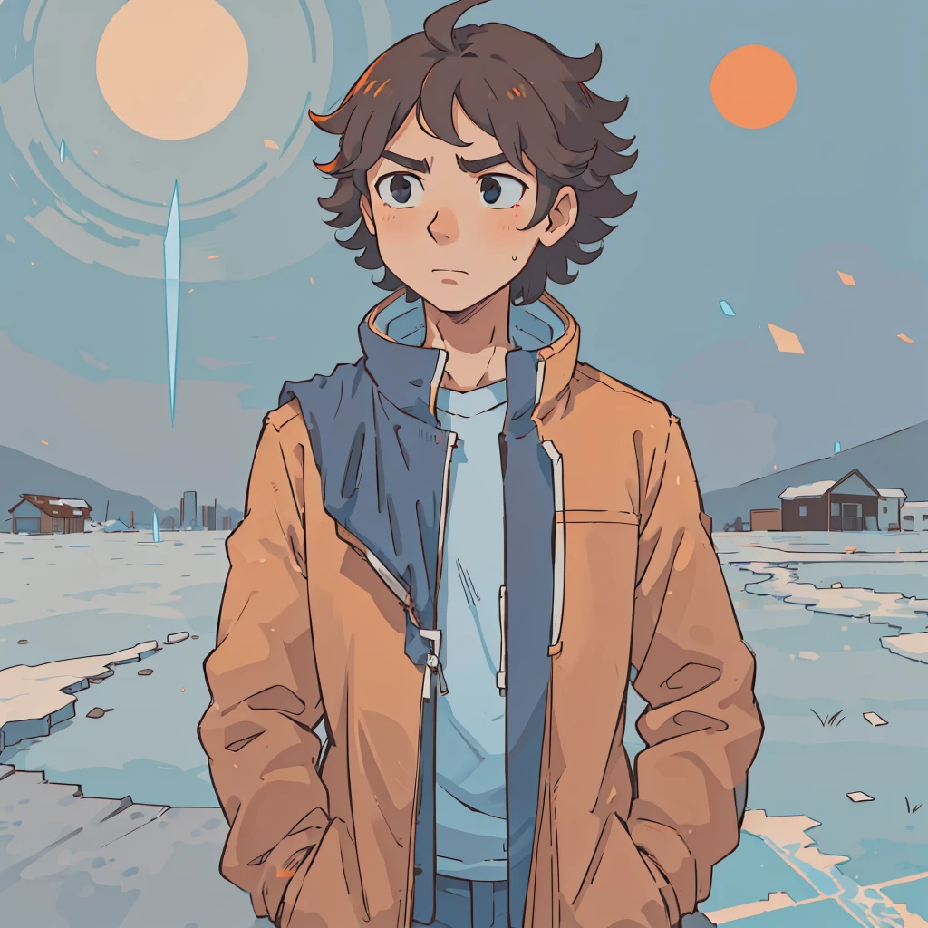 (best-quality:0.8),
(best-quality:0.8), broken introspective perfect anime illustration, a man with curly hair in the coldfrozencoldcoldcoldcoldcold tundra, blinding orange sun