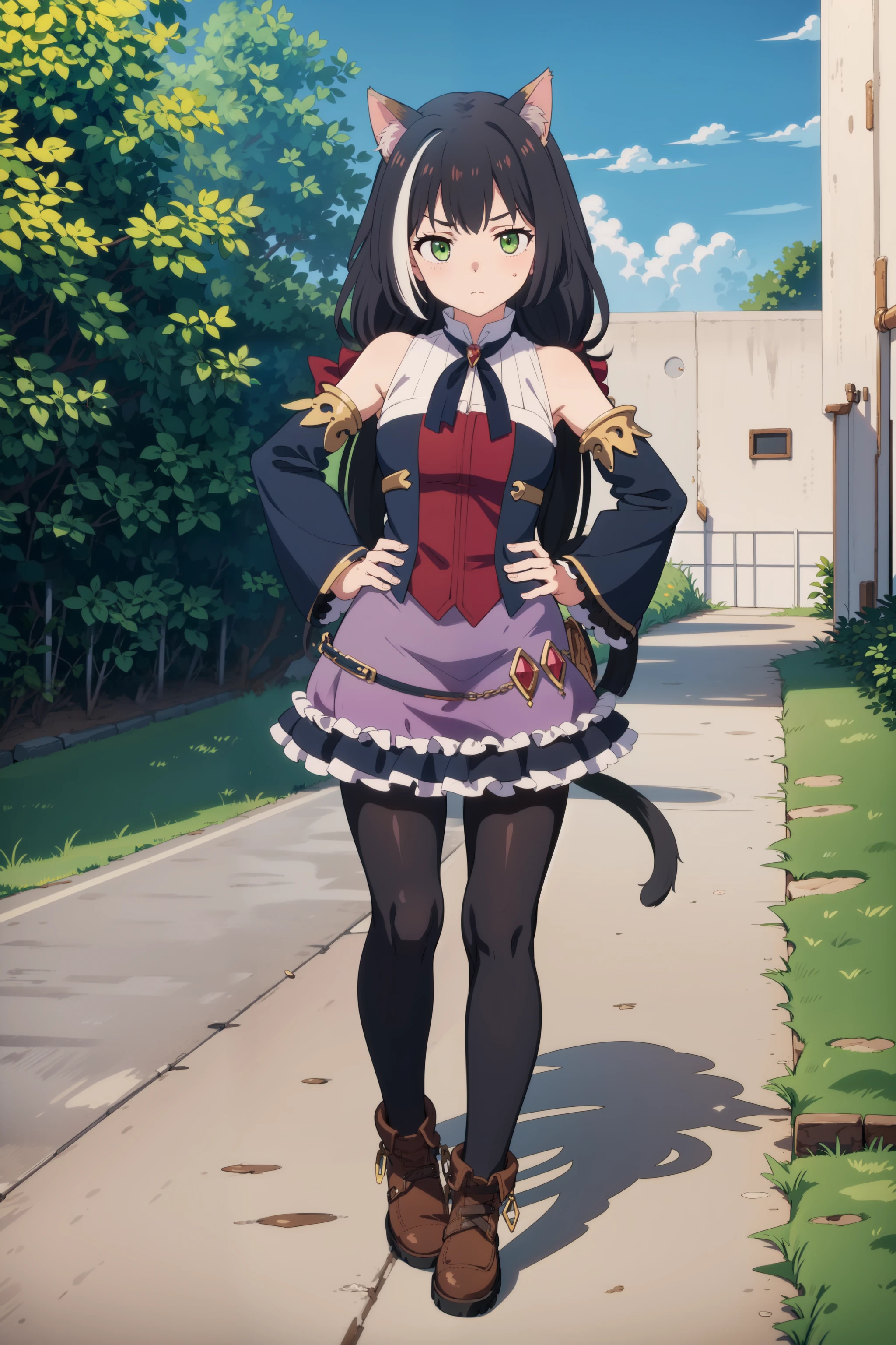 masterpiece, best quality, ultra-detailed, 1girl, cat ears, black hair, long hair, green eyes, black pantyhose, frilled dress,detached sleeves, long sleeves, standing, tsundere, outdoors, dress, purple skirt, hands on hip, full body, brown footwear, tail, jewerly <lora:karylV1>