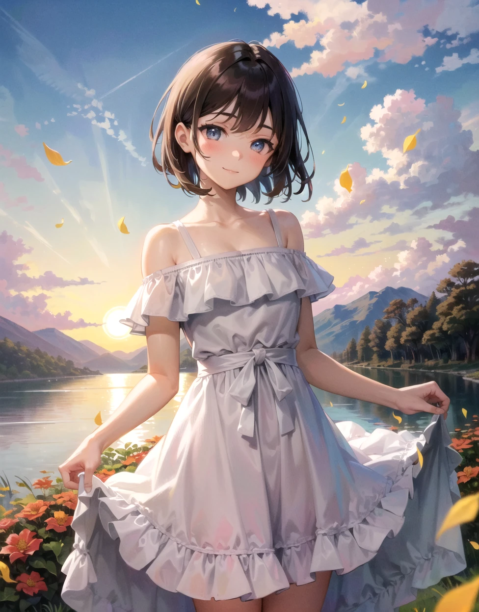 1girl, autumn, autumn_leaves, bangs, beach, blue_sky, blush, breasts, brown_hair, closed_mouth, cloud, cloudy_sky, collarbone, day, dress, field, flower, flower_field, horizon, lake, leaf, looking_at_viewer, mountain, mountainous_horizon, ocean, outdoors, palm_tree, petals, plant, red_flower, short_hair, skirt_hold, sky, smile, solo, standing, sunset, tree, twilight, water, white_dress, (beautiful eyes:1.3)