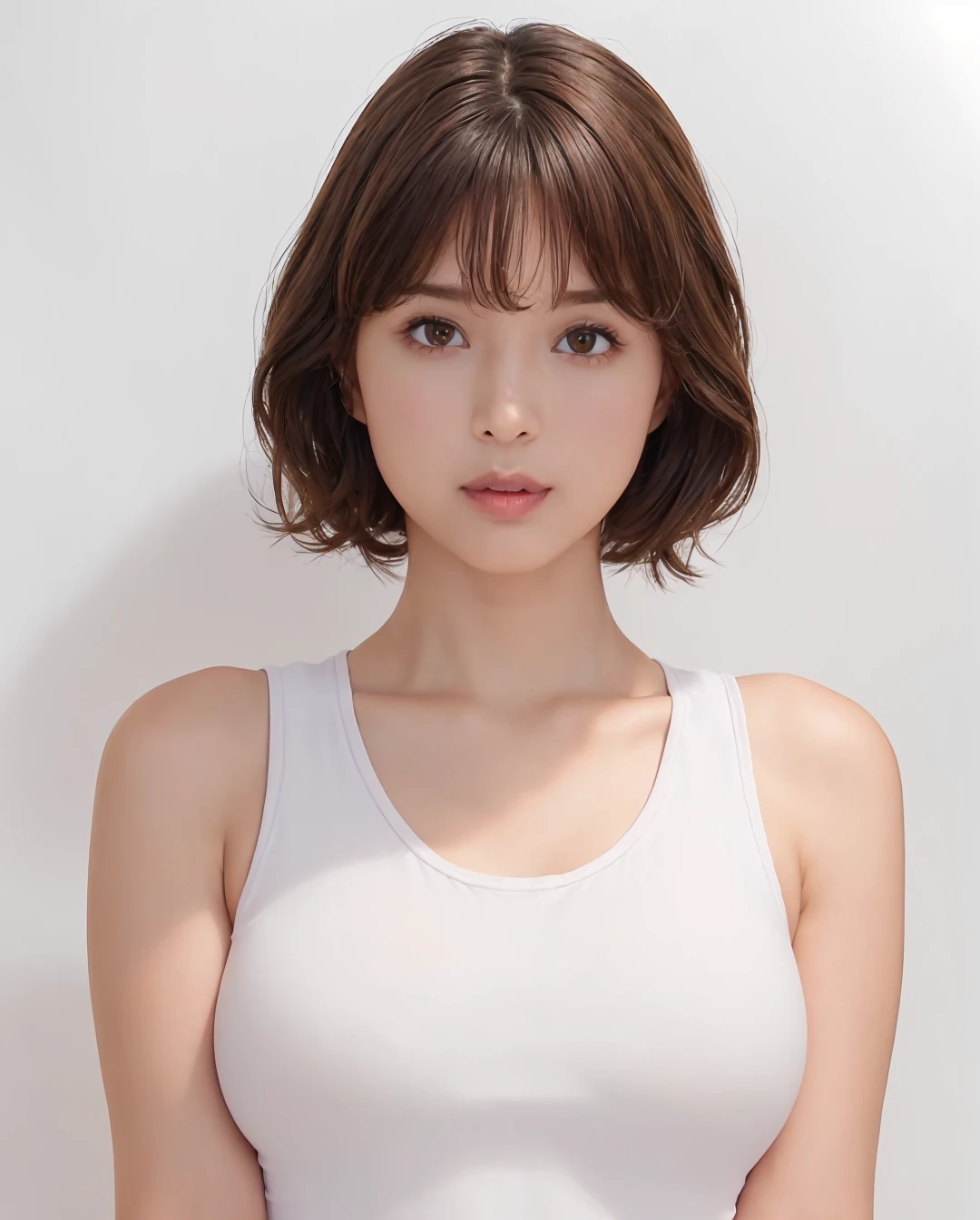 best quality, photorealistic, 8k, high res, 1girl, woman, (skindentation), (portrait:0.6), gorgeous, ((whitebackground, sport tanktop, small breast:1.65)), (short wavy hair, parted bangs:1.6), looking at viewer, (1girl eyes looking at viewer:1.6), photorealistic, (bokeh), (floating hair, lips, closed mouth:1.43), gorgeous, pureerosface_v1:1, <lora:av-Aoi:0.56>