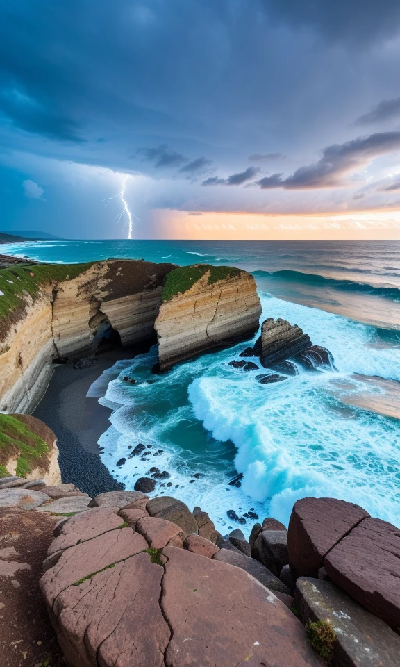 photo of coastline, rocks, storm weather, wind, waves, lightning, 8k uhd, dslr, soft lighting, high quality, film grain, Fujifilm XT3