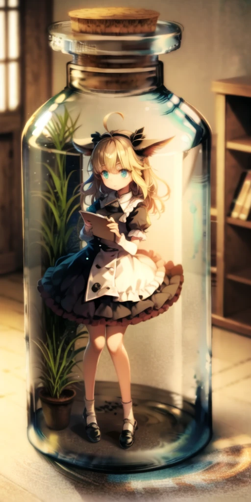 1girl, ahoge, blonde hair, full body, standing, reflection, reflective floor, partially submerged, simple background, book, bookshelf, looking at viewer, <lora:bottle_locon_v2m:1>