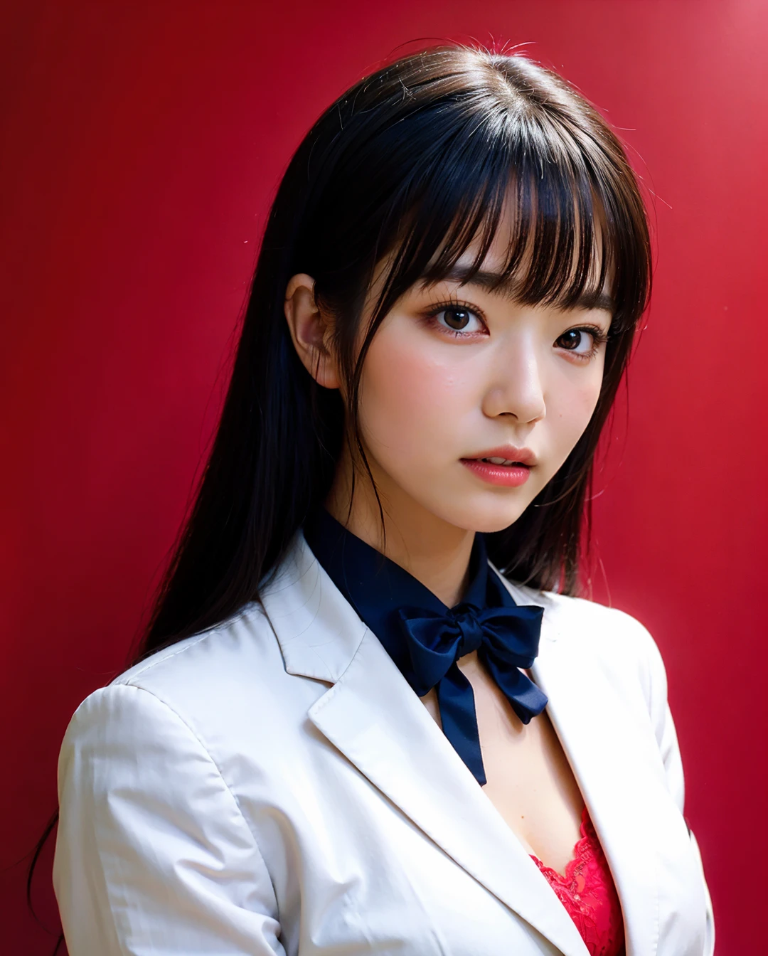 RAW, sharp focus, delicate, beautiful composition, best quality, (realistic), high quality, ultra detailed, (Real picture), (realistic skin), (intricate details), (latex skin:0.4), (detailed skin:1.3), (perfect glossy shiny skins:0.6), (beautiful eyes), round eyes, pretty face, Blushing face, glossy lips, high nose bridge, [:(detailed face:1.2):0.2], shiny eyes, (pureerosface_v1:0.1), instagram, (kpop idol, korean mixed), a face of perfect proportion, (high nose:0.7), realistic humid skin, red lips, Crimson (UA), (happy face:1.2), 8k uhd, dslr, high quality, film grain:1.3, photorealistic, (studio), (blue simple background:1.5), (white blouse: 1.5), (black blazer:1.5), (shut lips:1.3),  <lora:grav-umi:0.41>