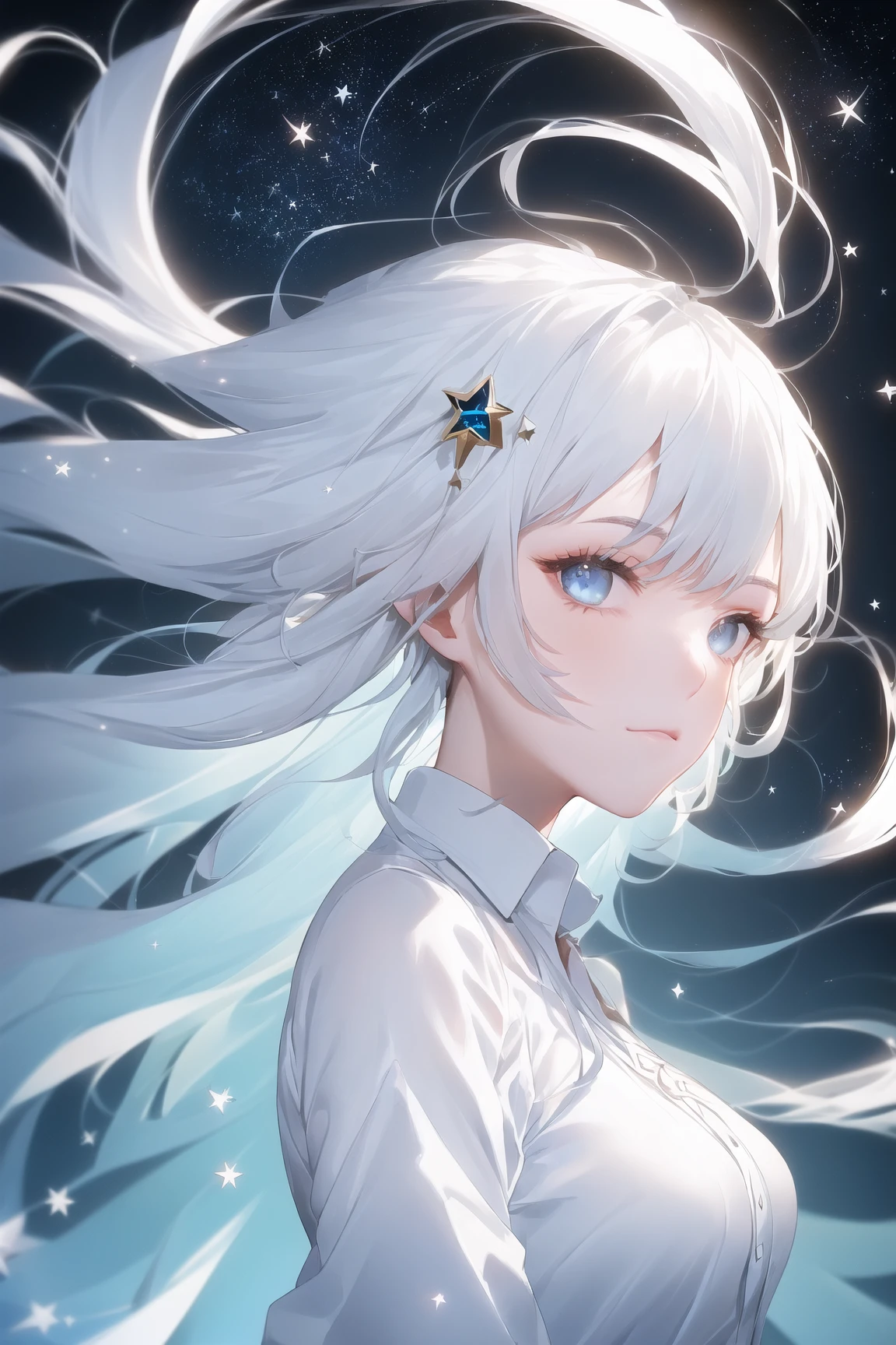 (best quality, masterpiece:1.2) 1girl, solo, looking at viewer, blue eyes, upper body, closed mouth, star \(symbol\), floating hair, white shirt, black background, long hair, bangs, star hair ornament, white hair, breasts, expressionless, light particles