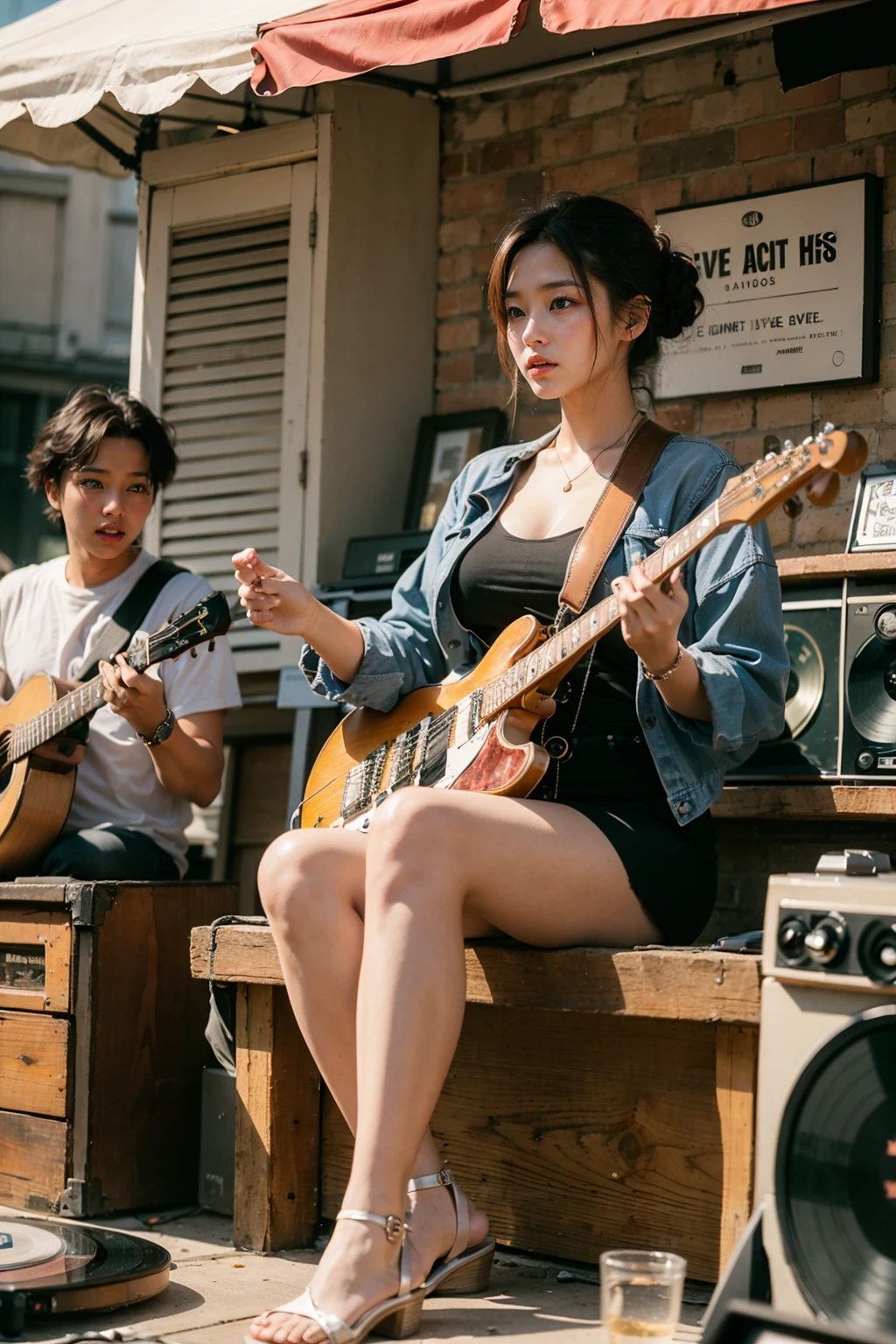 Ray Tracing, realistic, detailed, realistic details, (1 girl:1.3), 21 years old korean cute girl, (large breasts), (Vintage market, Antiques, Vintage clothing, Vinyl records, Artisanal crafts, Food trucks, Live music)