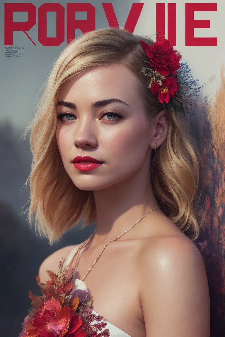 photo of (yv0nn3:0.99), a woman in the cover of a fashion magazine, (magazine cover:1.3), modelshoot style, (extremely detailed CG unity 8k wallpaper), photo of the most beautiful artwork in the world, professional majestic oil painting by Ed Blinkey, Atey Ghailan, Studio Ghibli, by Jeremy Mann, Greg Manchess, Antonio Moro, trending on ArtStation, trending on CGSociety, Intricate, High Detail, Sharp focus, dramatic, photorealistic painting art by midjourney and greg rutkowski, (floral dress with neckline), (looking at viewer), (detailed pupils:1.3), (modern outfit:1.2), (closeup), red lips, (eye shadow), (magazine print), (magazine text), (magazine title:1.1)