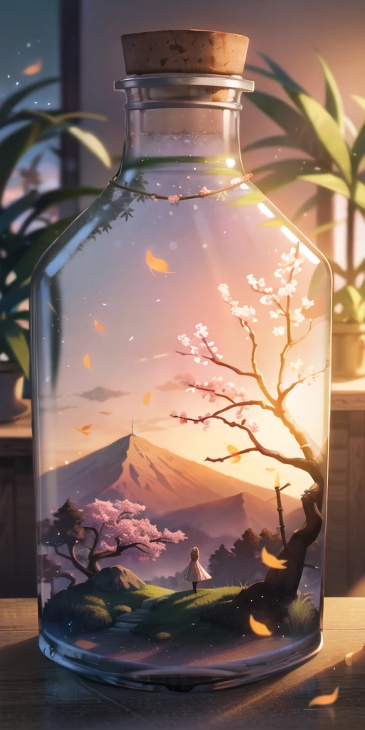 1girl, bottle, branch, cherry blossoms, dark room, floor, herbarium, gib\(concept\), mountain, reflection, scenery, silhouette, sky, solo, umbrella, vial, water, tree, blurry, light particles, leaf, minigirl, <lora:bottle_locon_v2m:1>